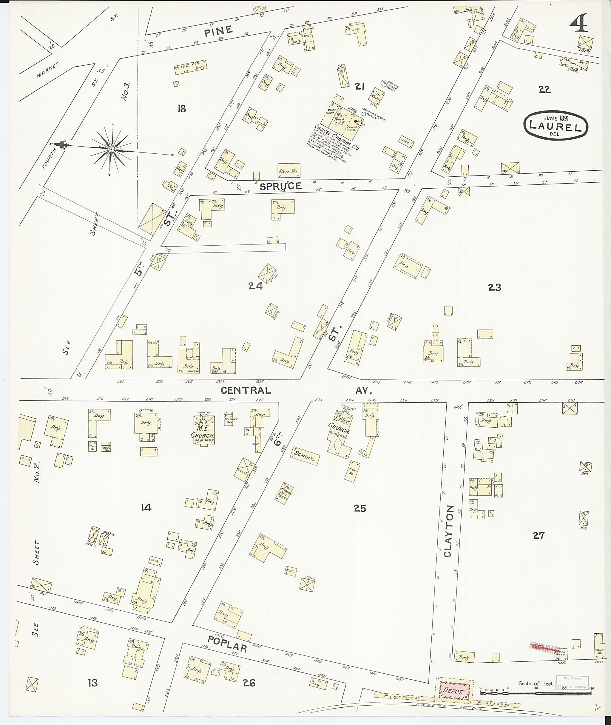 This old map of Laurel, Sussex County, Delaware was created by Sanborn Map Company in 1891