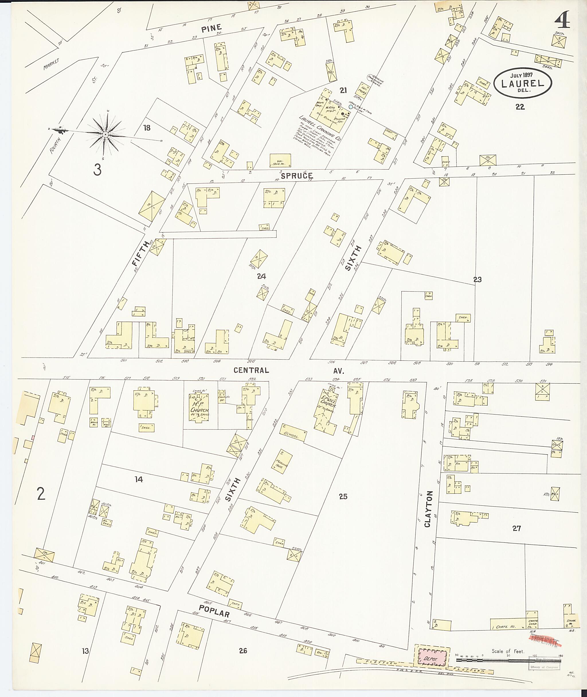 This old map of Laurel, Sussex County, Delaware was created by Sanborn Map Company in 1897