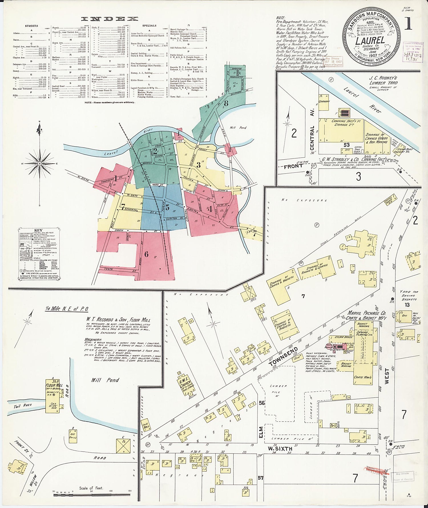 This old map of Laurel, Sussex County, Delaware was created by Sanborn Map Company in 1907