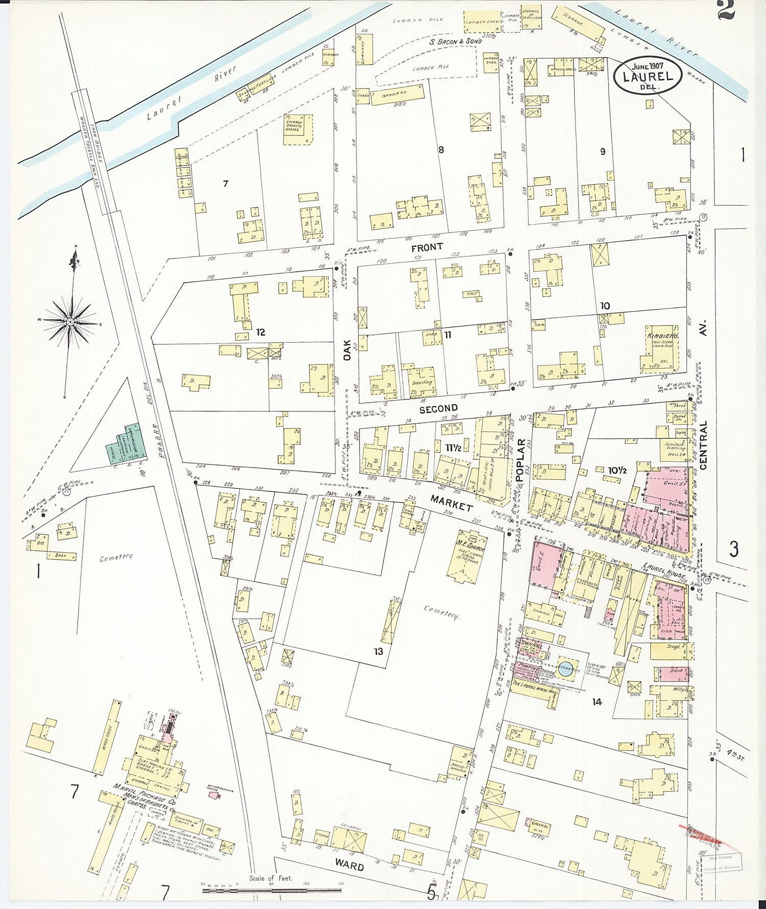 This old map of Laurel, Sussex County, Delaware was created by Sanborn Map Company in 1907