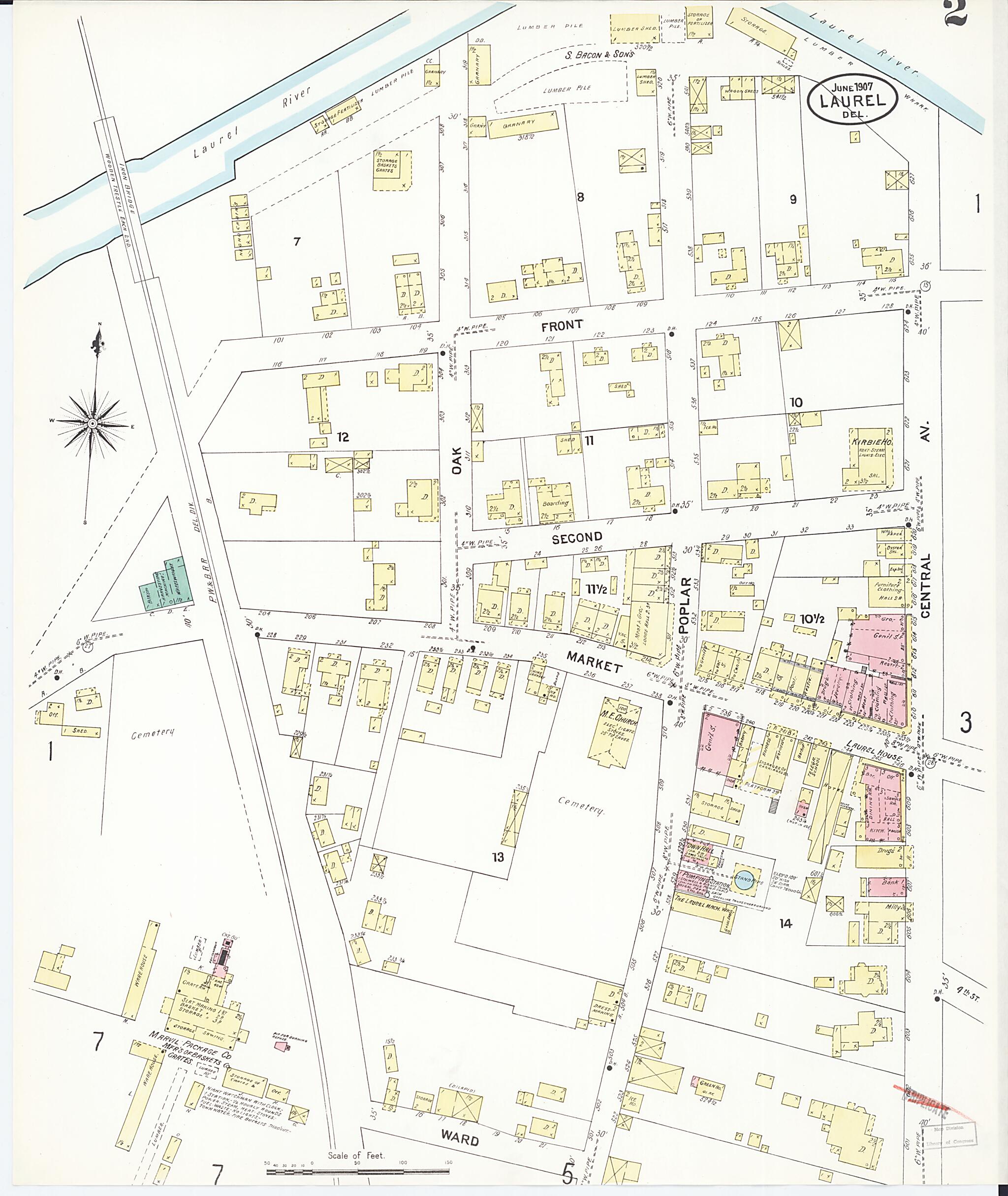 This old map of Laurel, Sussex County, Delaware was created by Sanborn Map Company in 1907