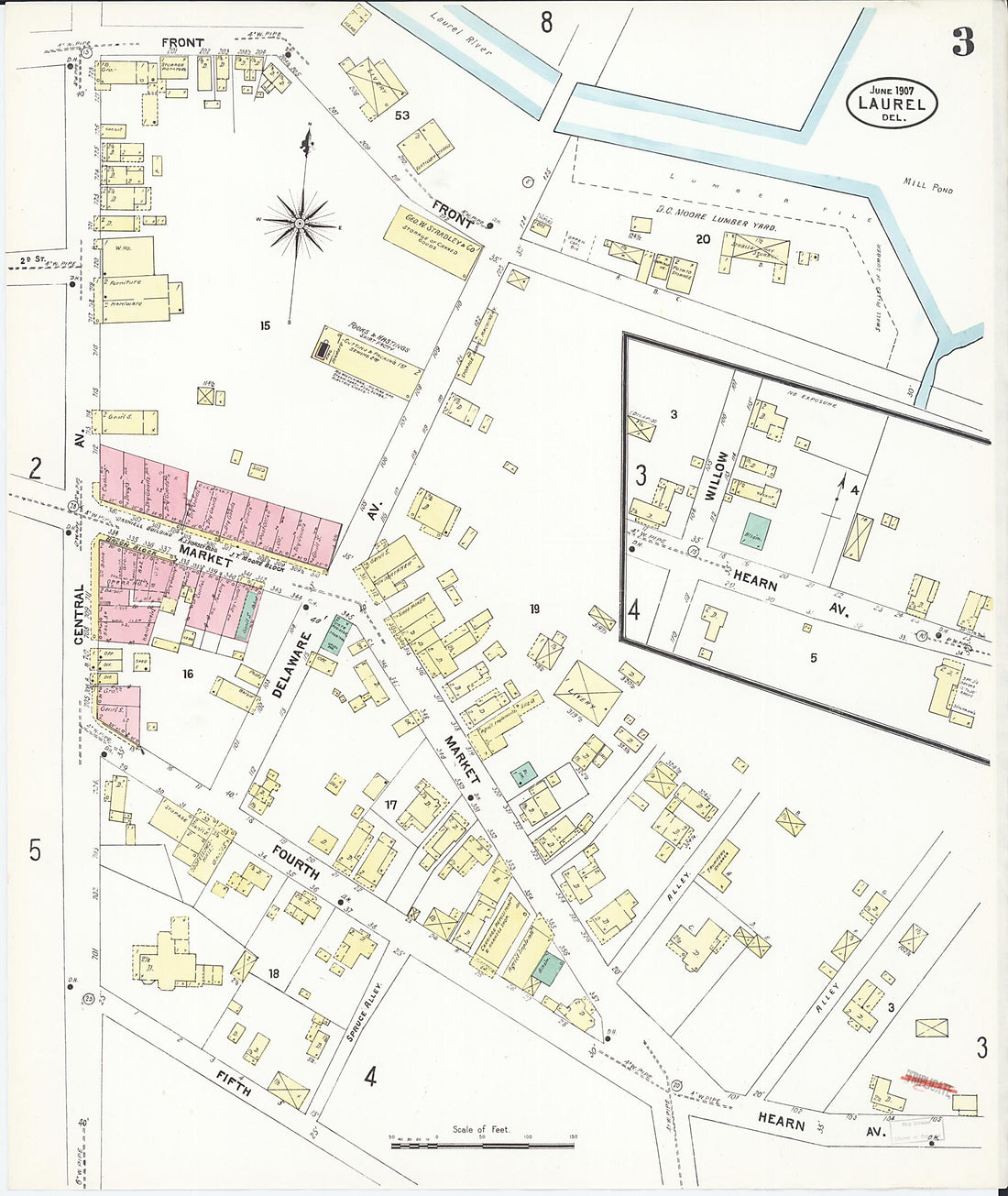 This old map of Laurel, Sussex County, Delaware was created by Sanborn Map Company in 1907