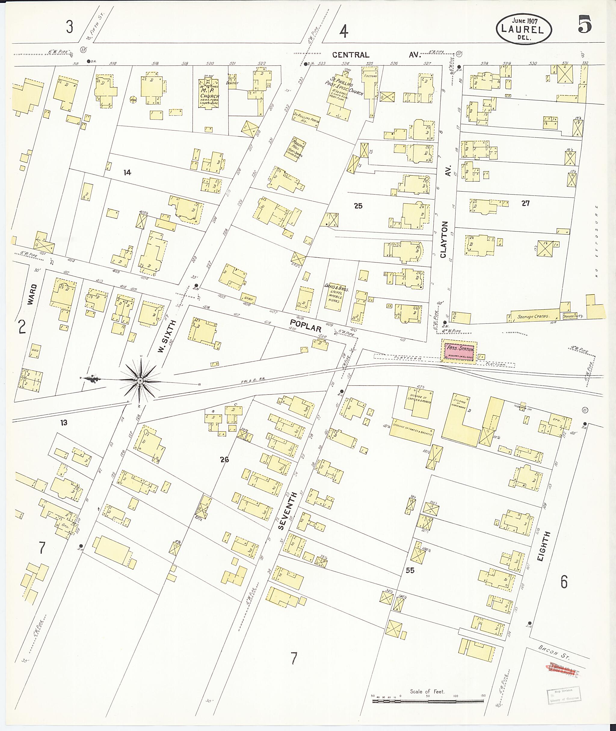 This old map of Laurel, Sussex County, Delaware was created by Sanborn Map Company in 1907