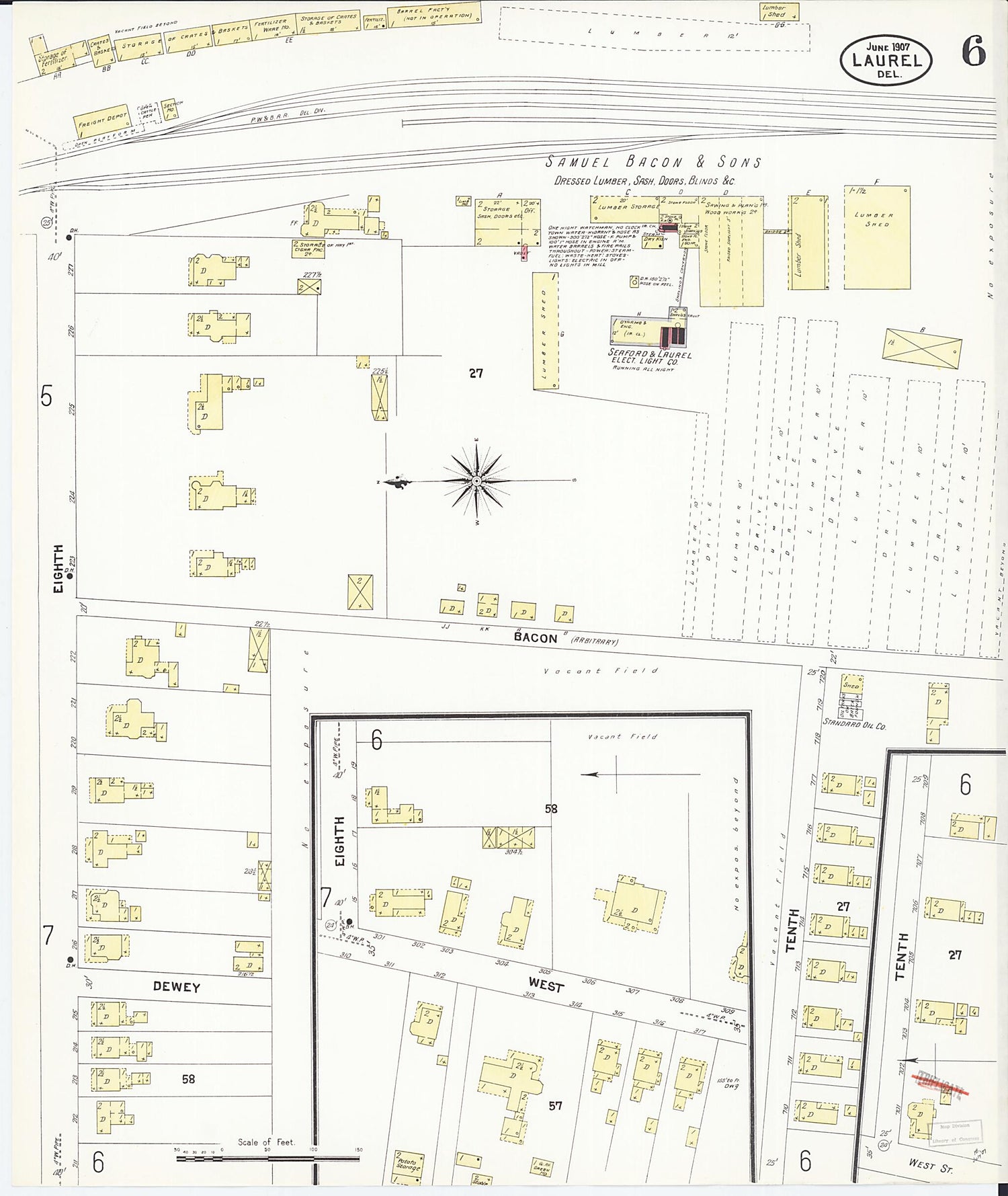 This old map of Laurel, Sussex County, Delaware was created by Sanborn Map Company in 1907