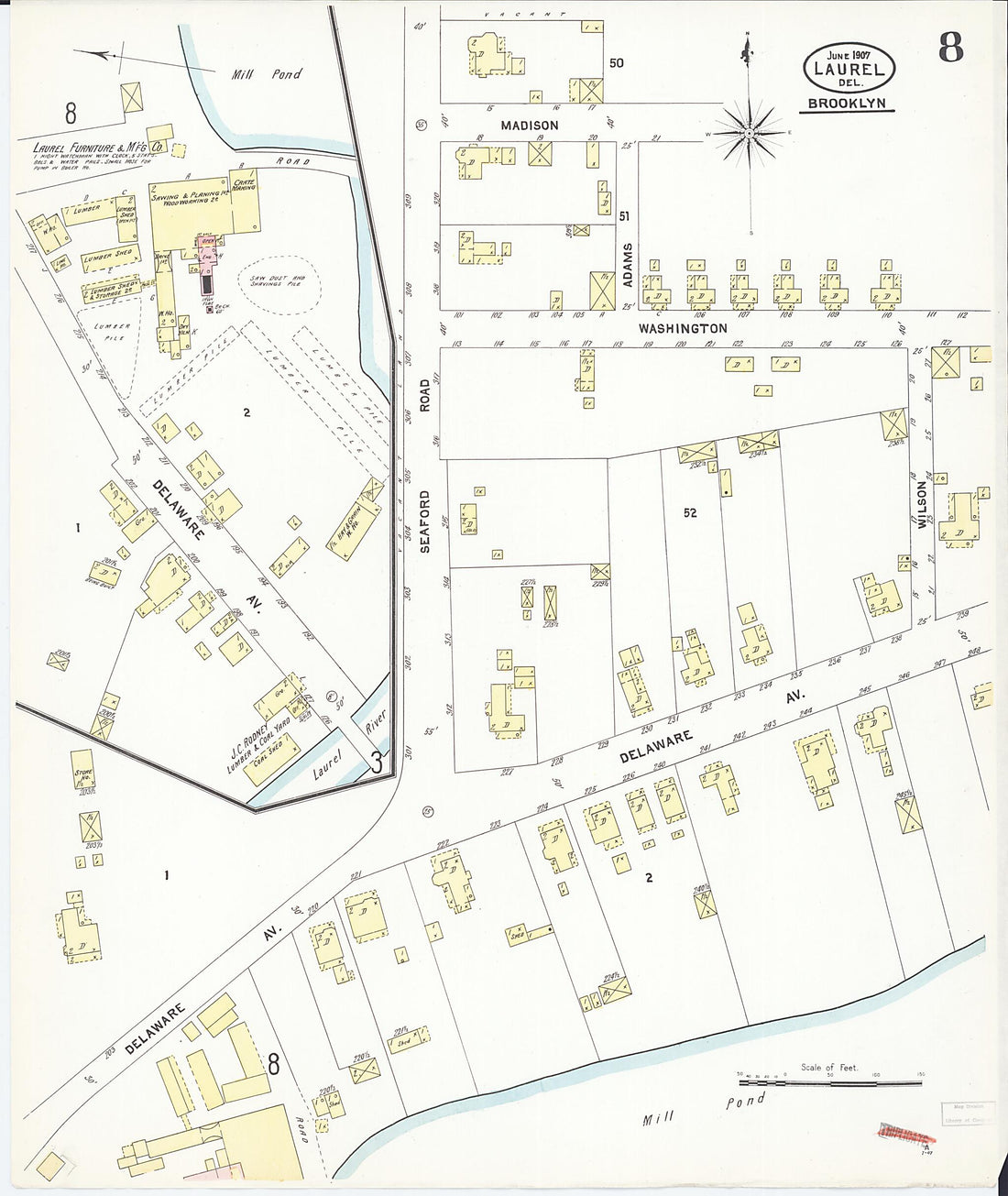 This old map of Laurel, Sussex County, Delaware was created by Sanborn Map Company in 1907