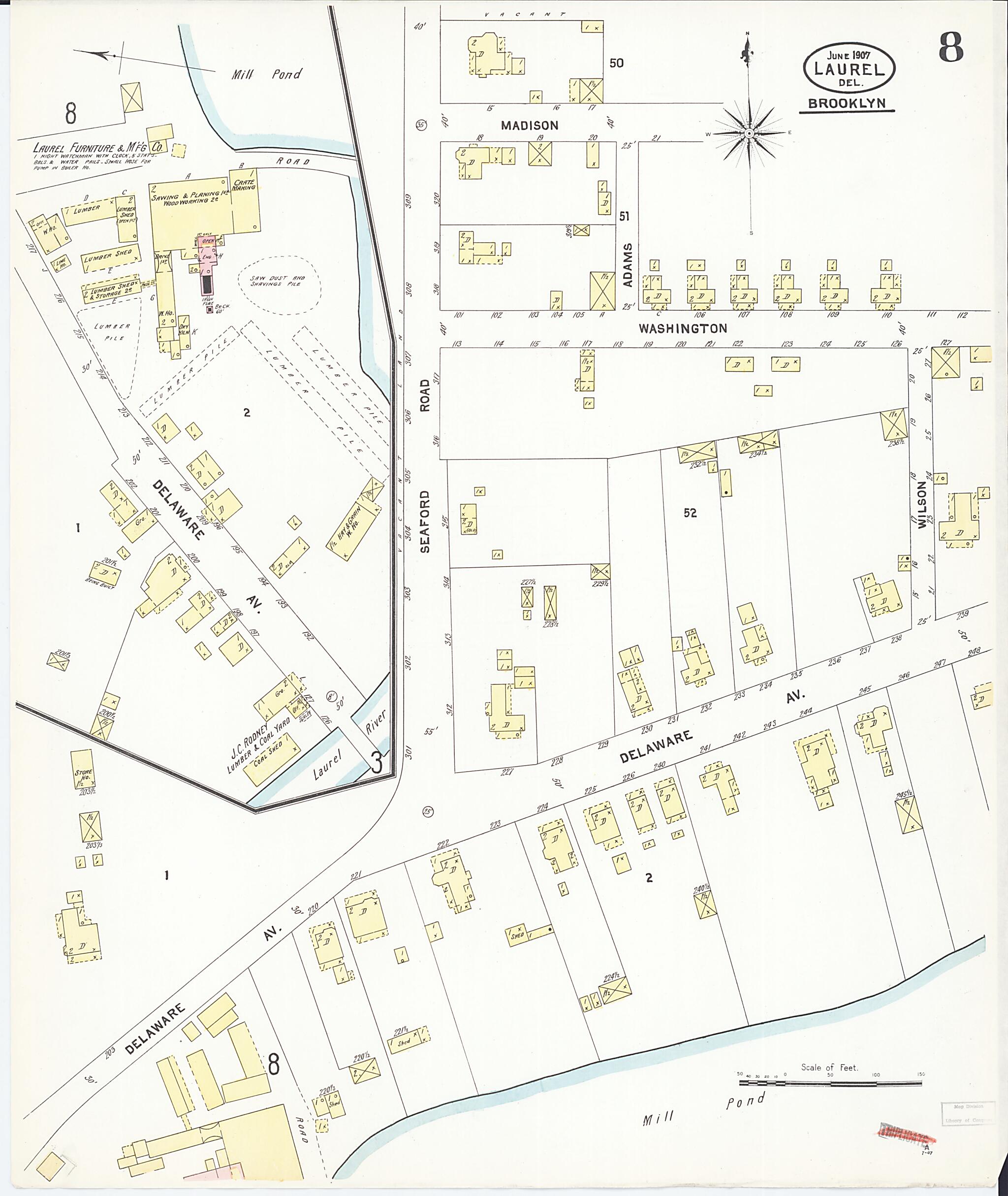 This old map of Laurel, Sussex County, Delaware was created by Sanborn Map Company in 1907