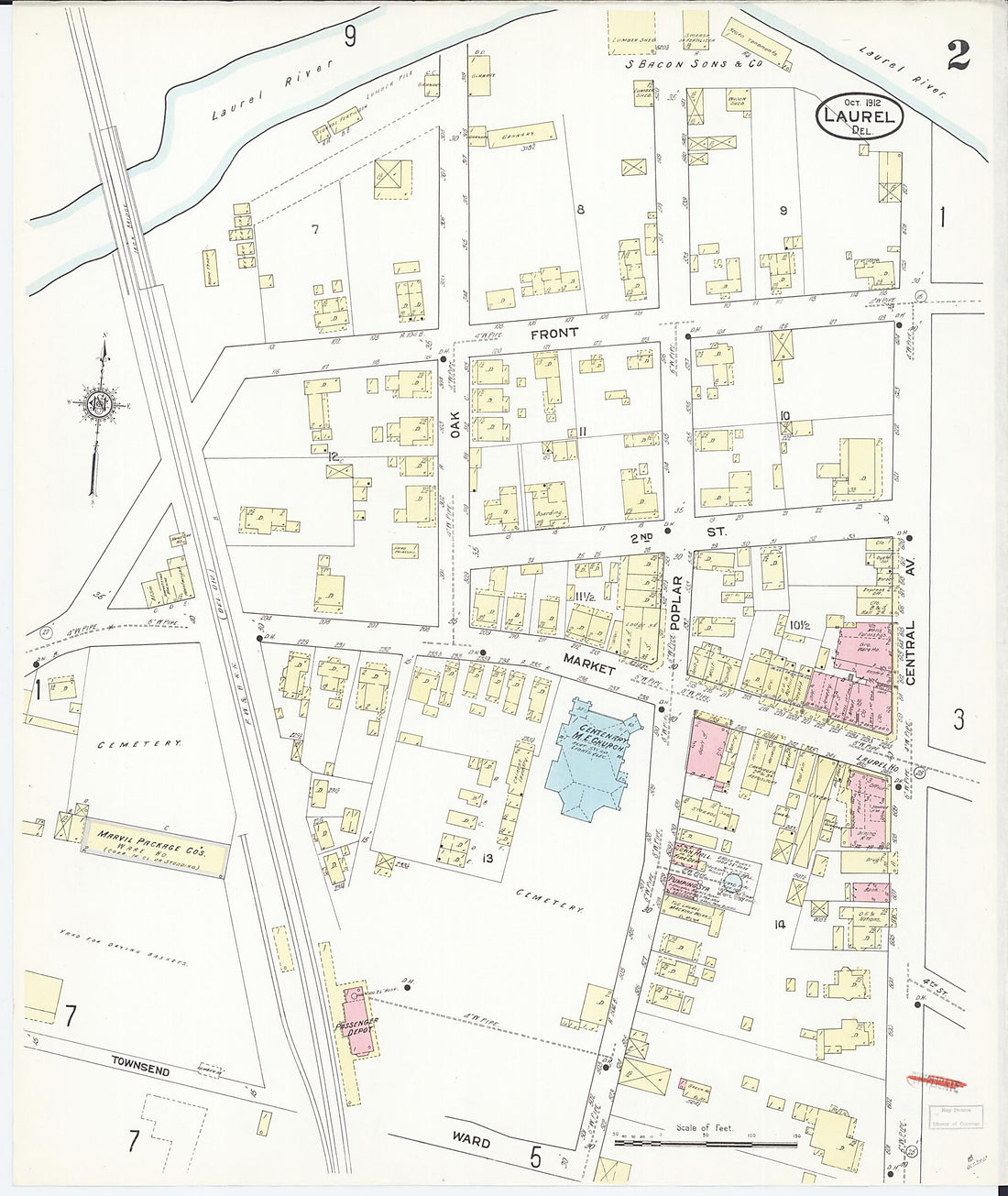 This old map of Laurel, Sussex County, Delaware was created by Sanborn Map Company in 1912