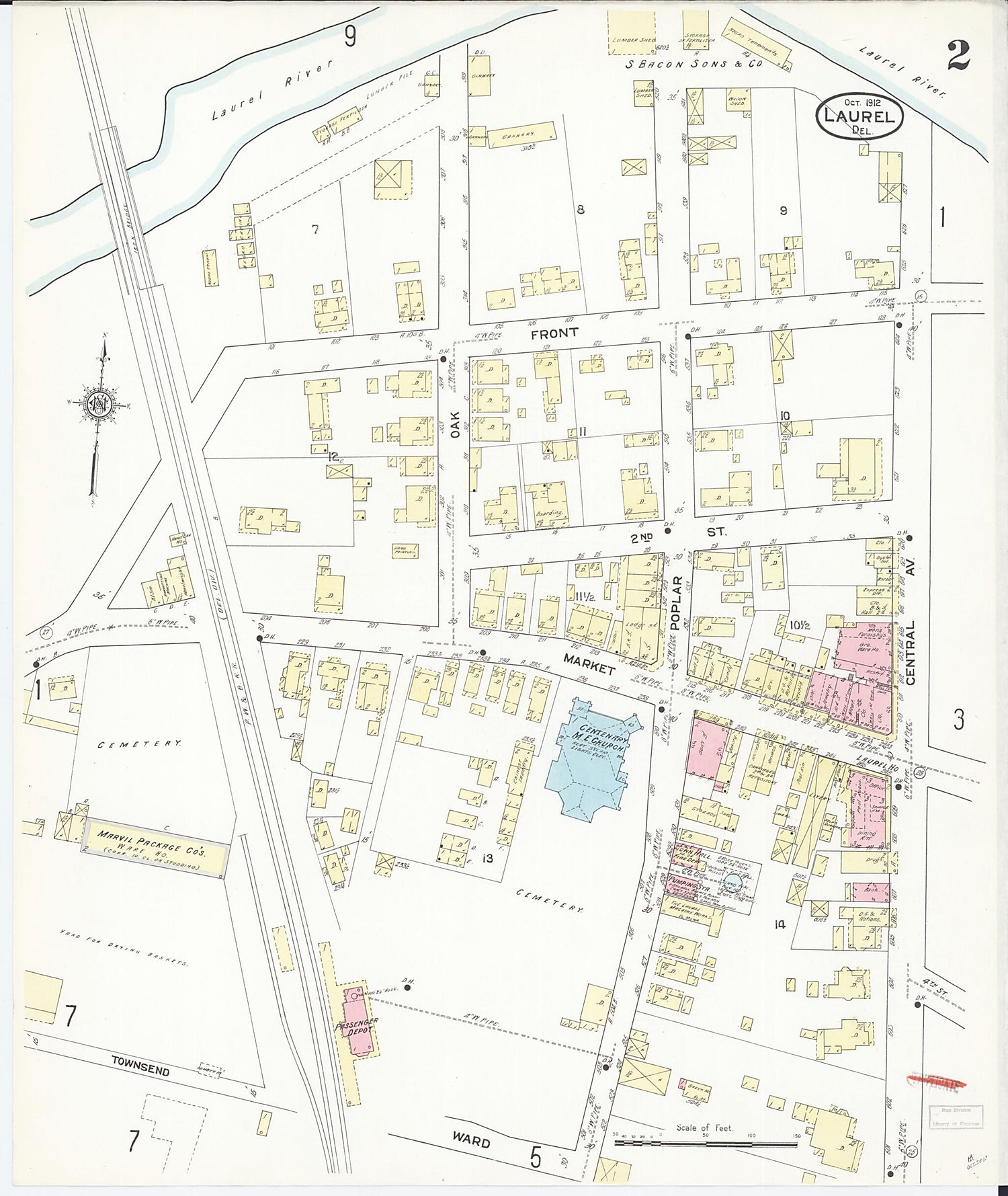 This old map of Laurel, Sussex County, Delaware was created by Sanborn Map Company in 1912