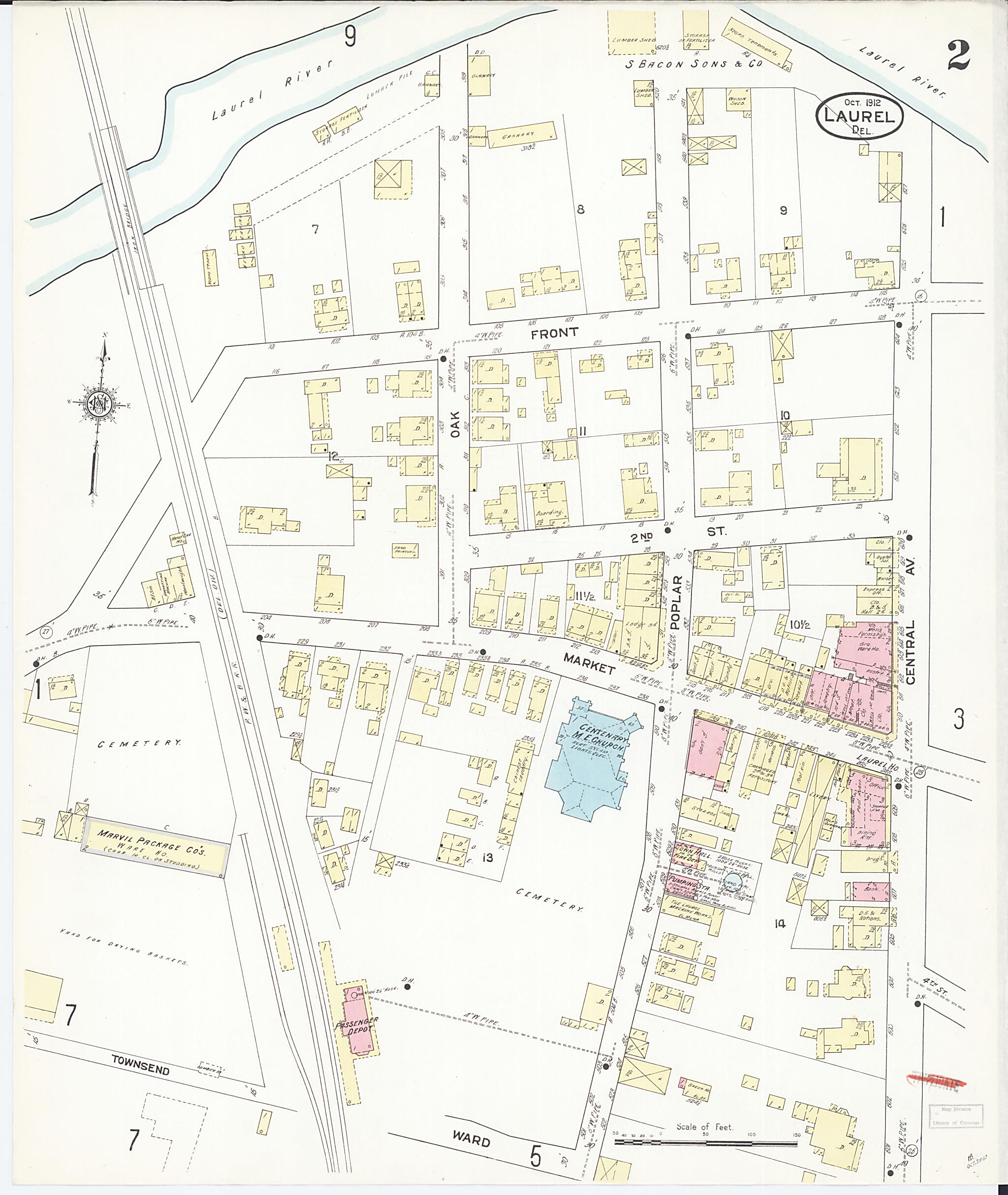 This old map of Laurel, Sussex County, Delaware was created by Sanborn Map Company in 1912