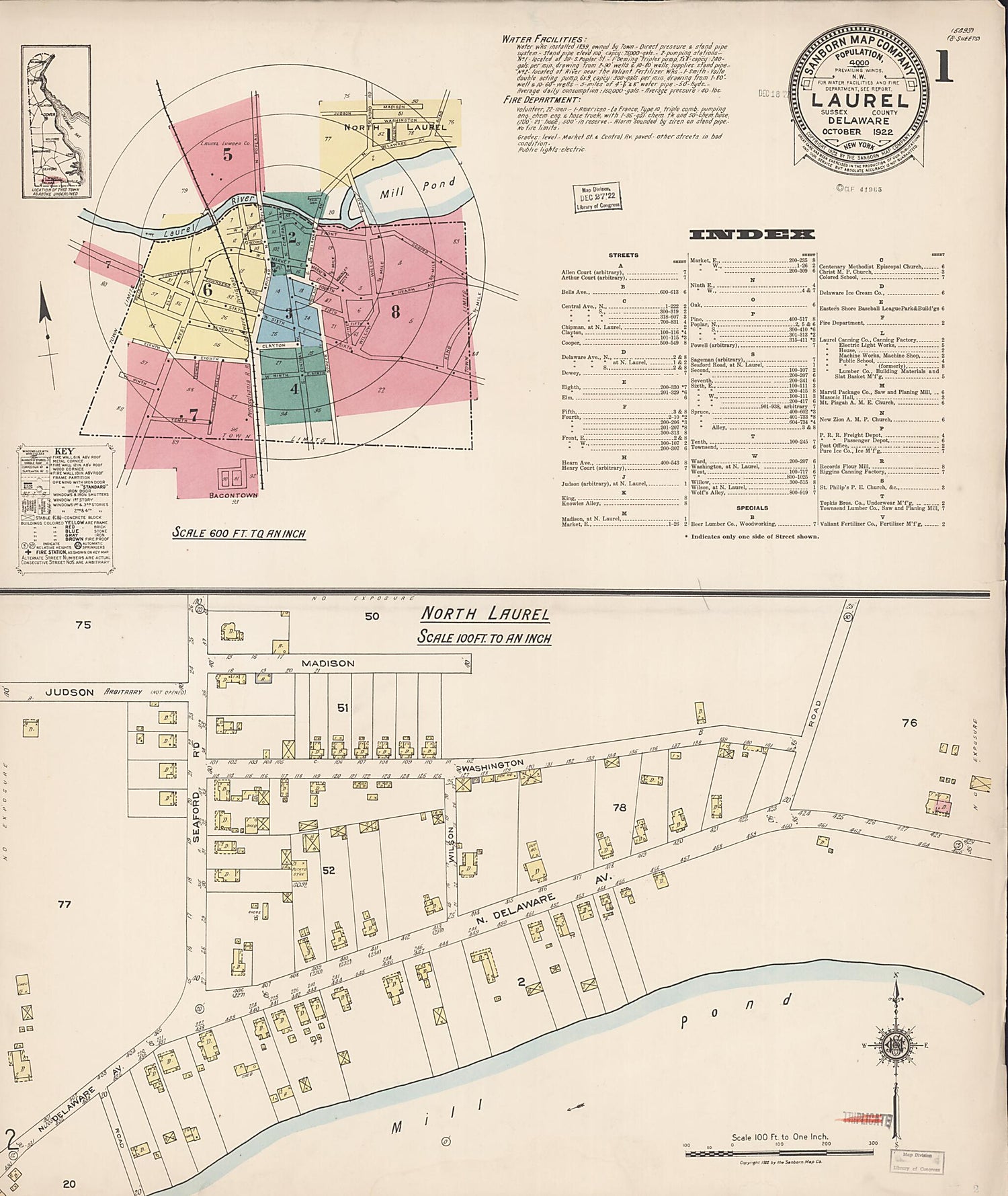 This old map of Laurel, Sussex County, Delaware was created by Sanborn Map Company in 1922