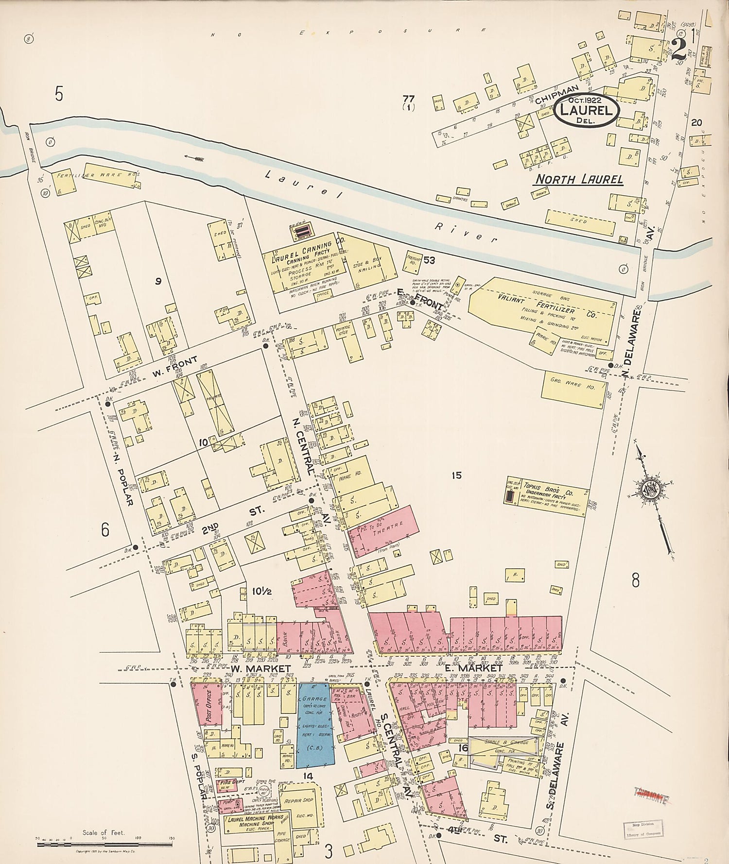 This old map of Laurel, Sussex County, Delaware was created by Sanborn Map Company in 1922