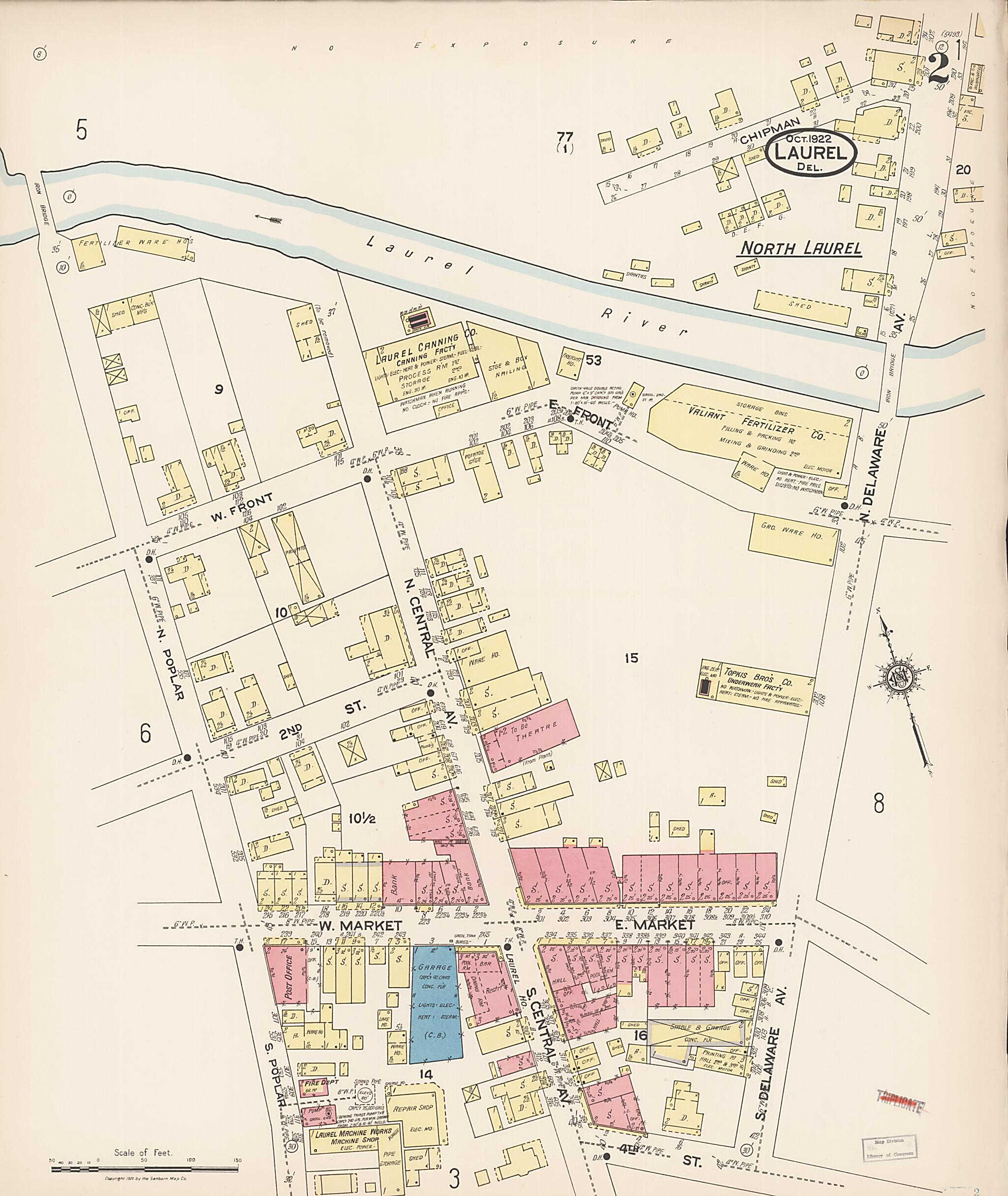 This old map of Laurel, Sussex County, Delaware was created by Sanborn Map Company in 1922