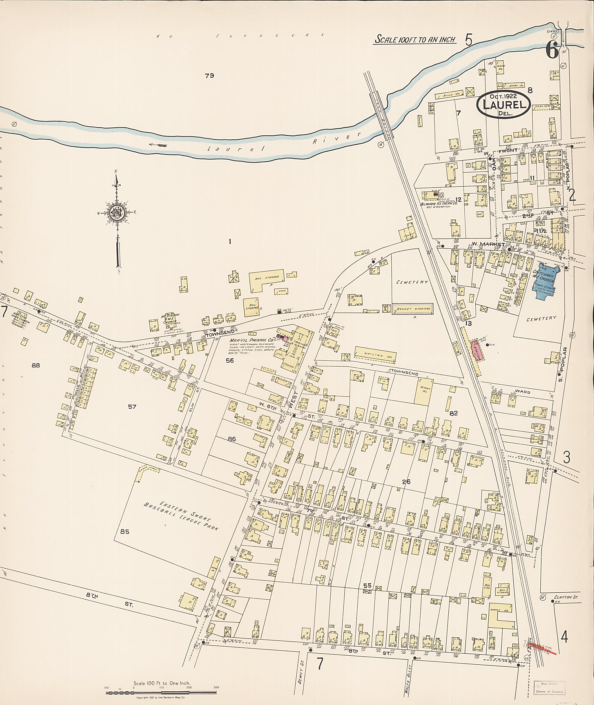 This old map of Laurel, Sussex County, Delaware was created by Sanborn Map Company in 1922