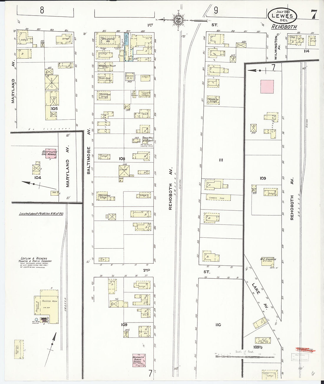 This old map of Rehoboth, Sussex County, Delaware was created by Sanborn Map Company in 1910