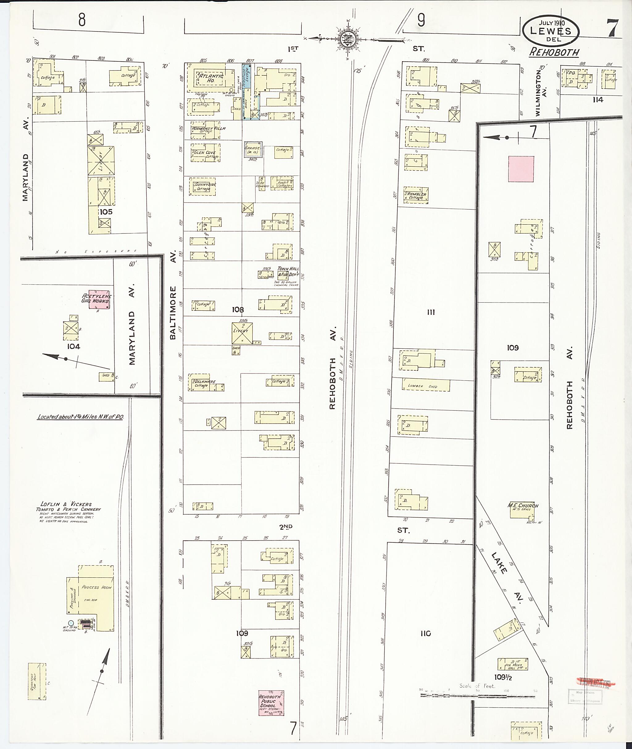 This old map of Rehoboth, Sussex County, Delaware was created by Sanborn Map Company in 1910