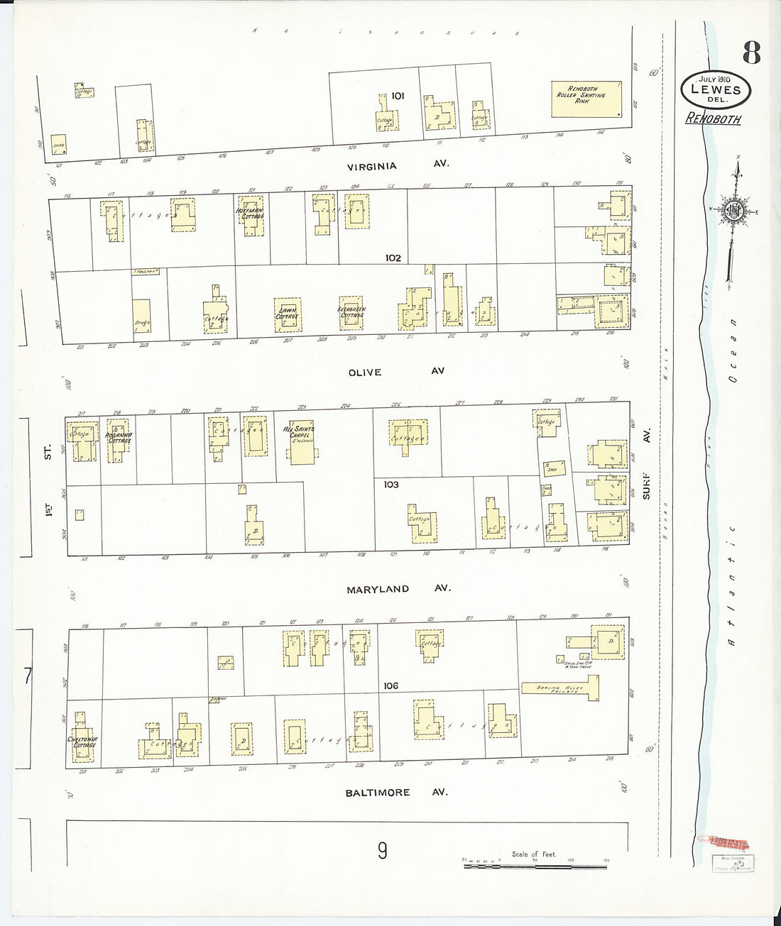 This old map of Rehoboth, Sussex County, Delaware was created by Sanborn Map Company in 1910