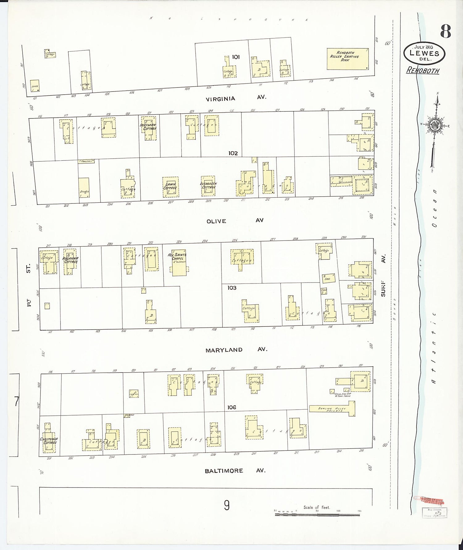 This old map of Rehoboth, Sussex County, Delaware was created by Sanborn Map Company in 1910