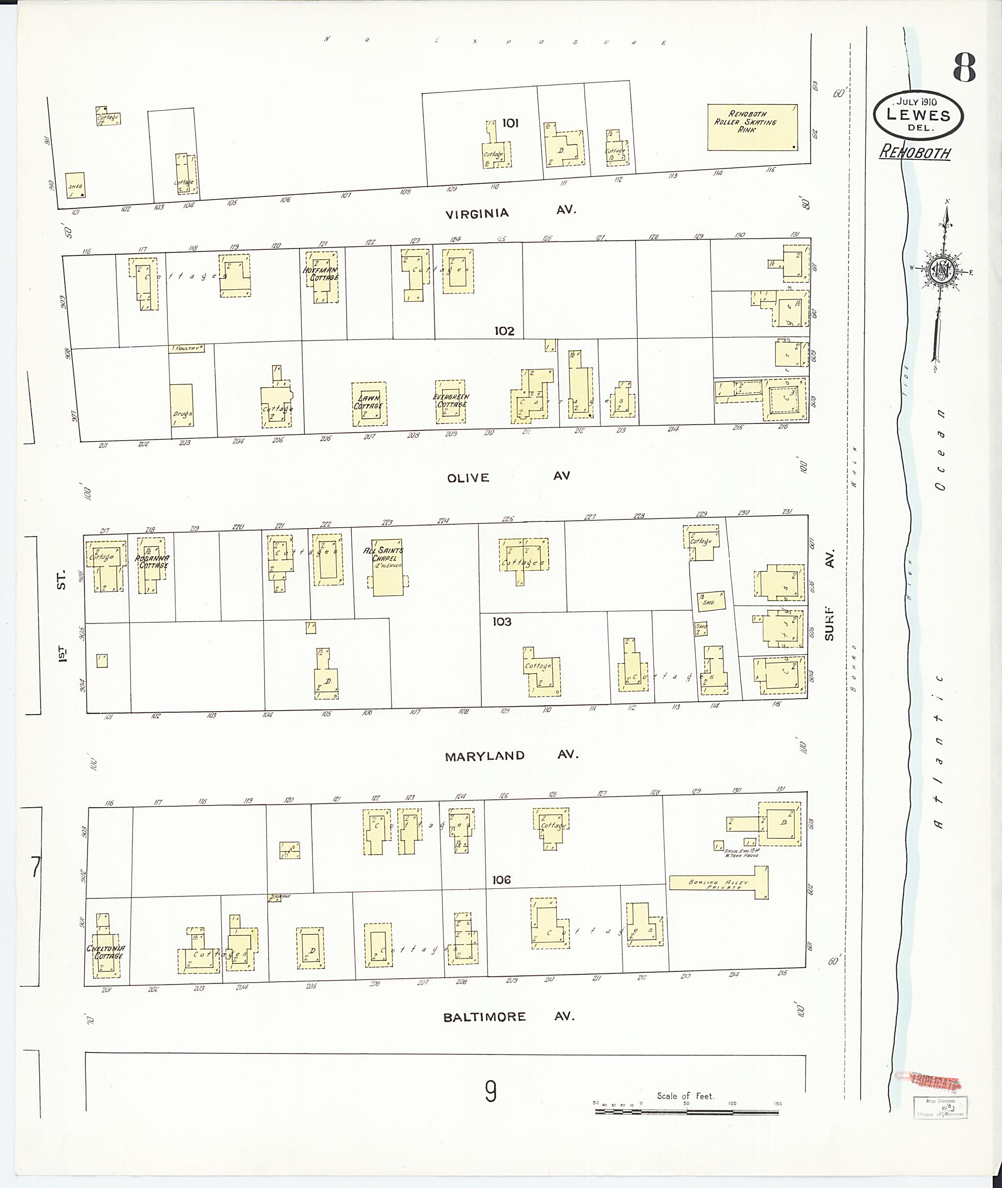 This old map of Rehoboth, Sussex County, Delaware was created by Sanborn Map Company in 1910