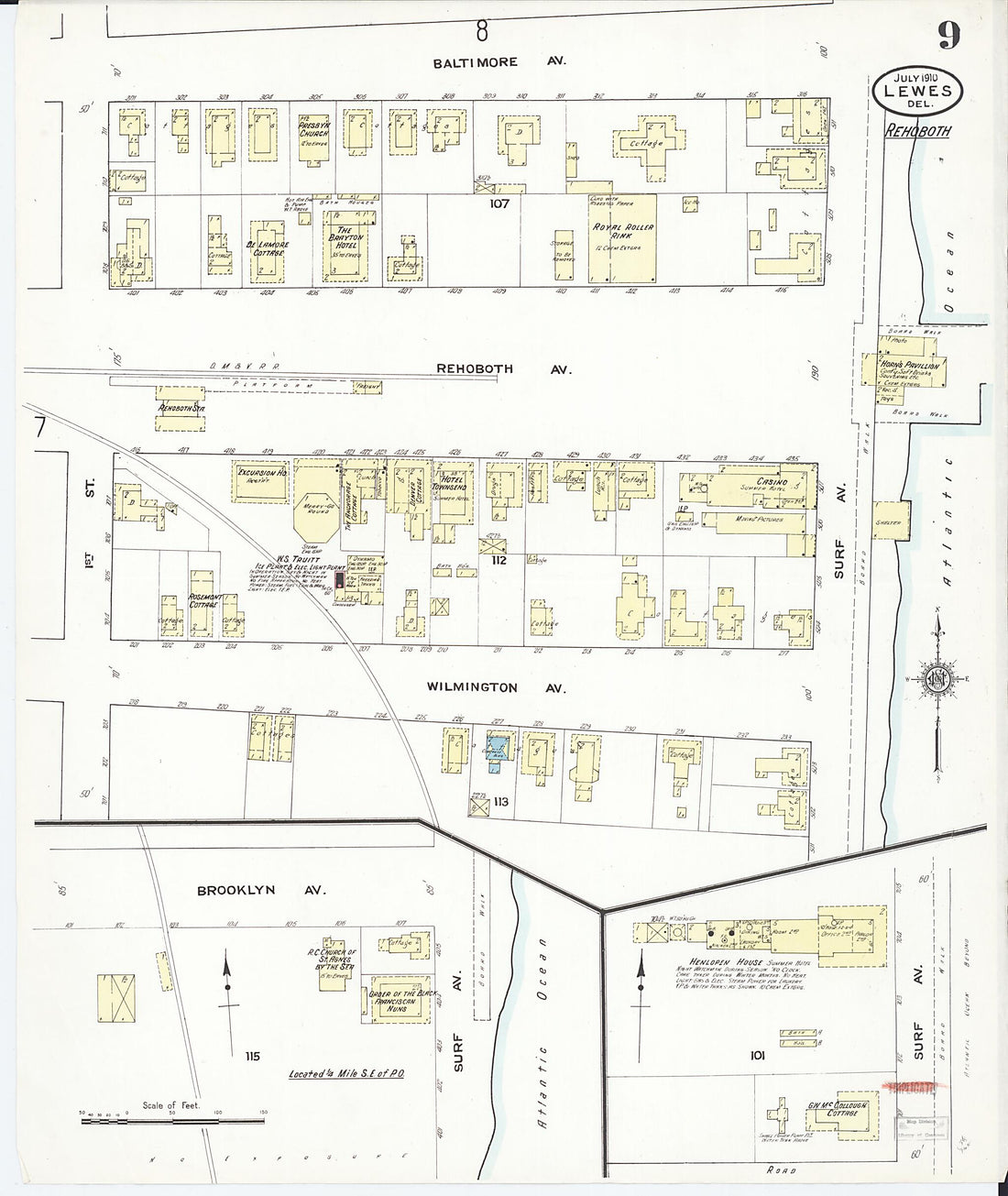 This old map of Rehoboth, Sussex County, Delaware was created by Sanborn Map Company in 1910