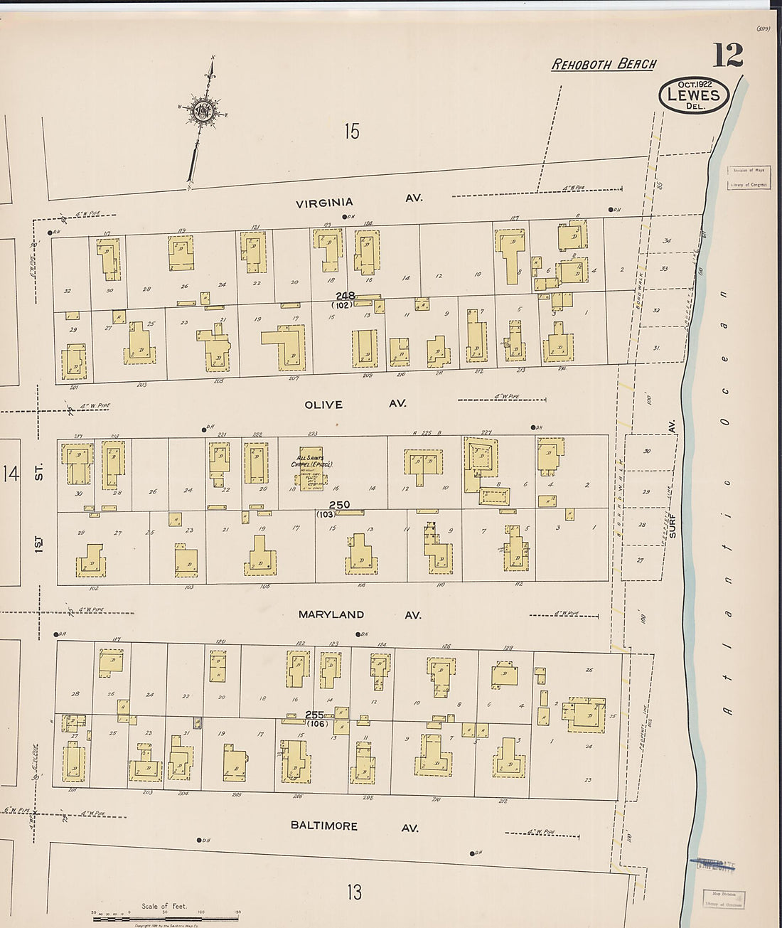 This old map of Rehoboth Beach, Sussex County, Delaware was created by Sanborn Map Company in 1922