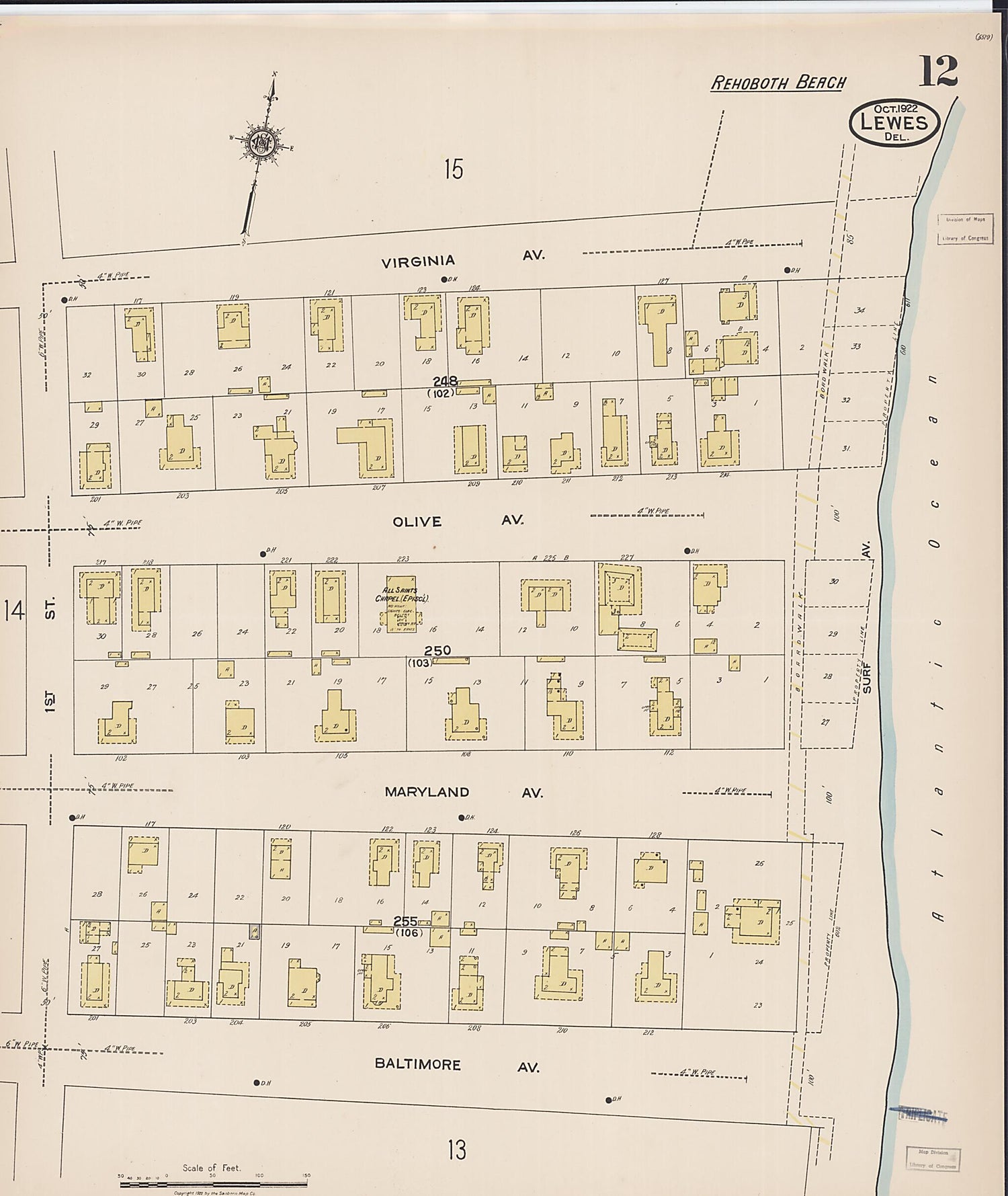 This old map of Rehoboth Beach, Sussex County, Delaware was created by Sanborn Map Company in 1922