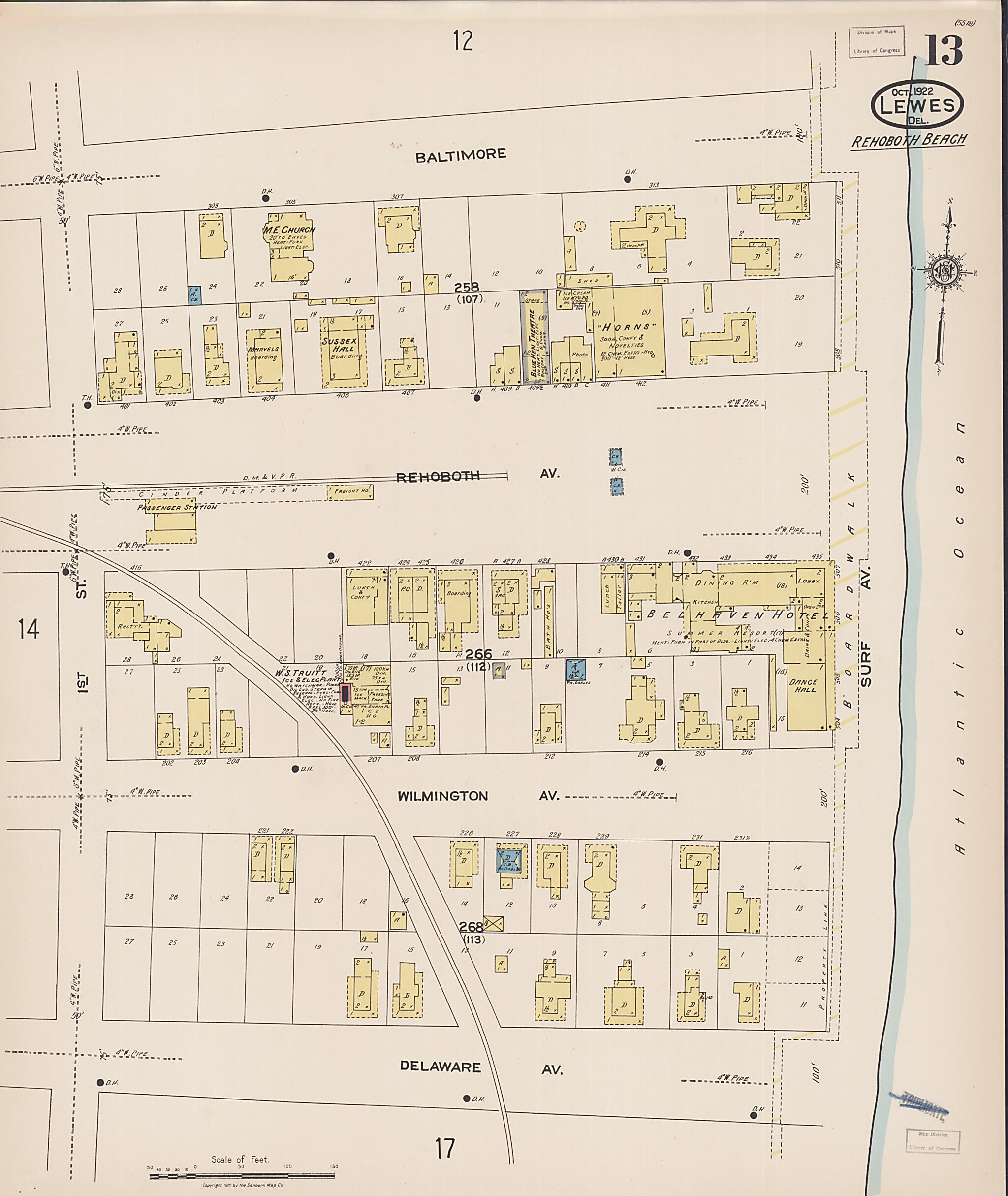 This old map of Rehoboth Beach, Sussex County, Delaware was created by Sanborn Map Company in 1922