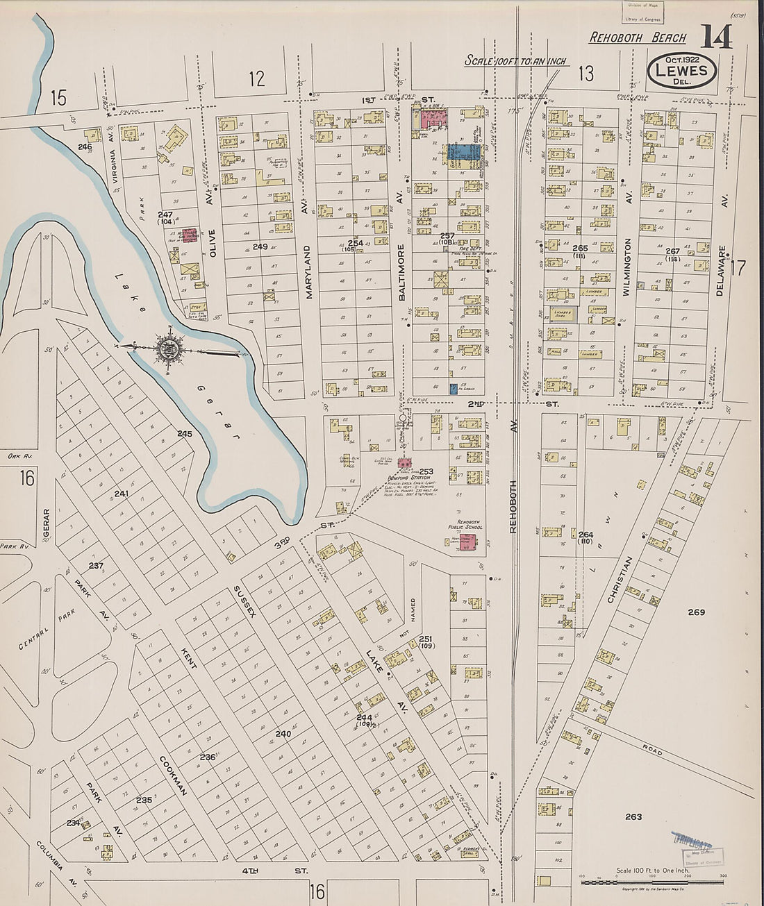 This old map of Rehoboth Beach, Sussex County, Delaware was created by Sanborn Map Company in 1922