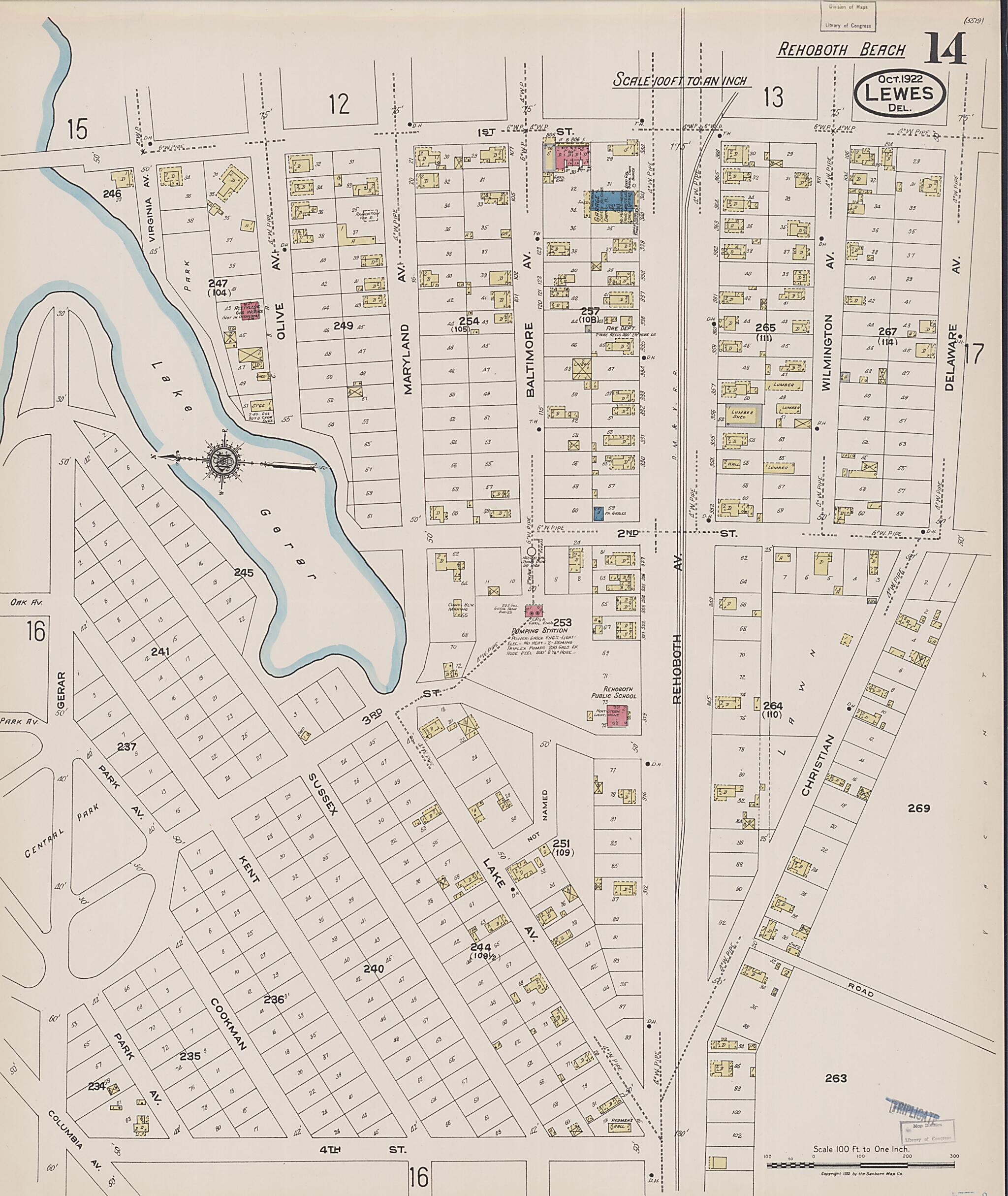 This old map of Rehoboth Beach, Sussex County, Delaware was created by Sanborn Map Company in 1922