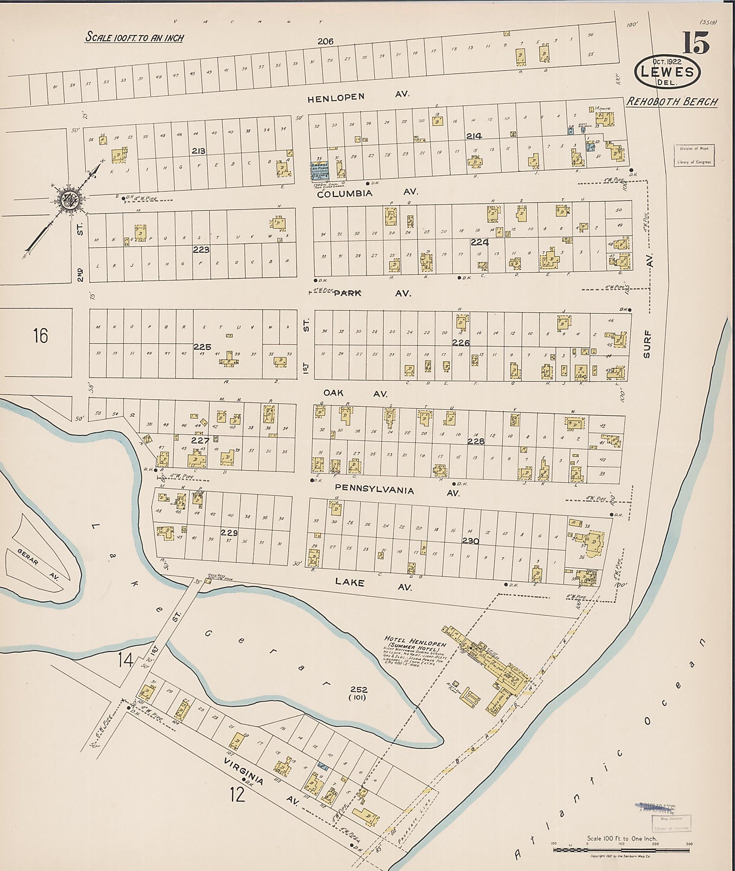 This old map of Rehoboth Beach, Sussex County, Delaware was created by Sanborn Map Company in 1922