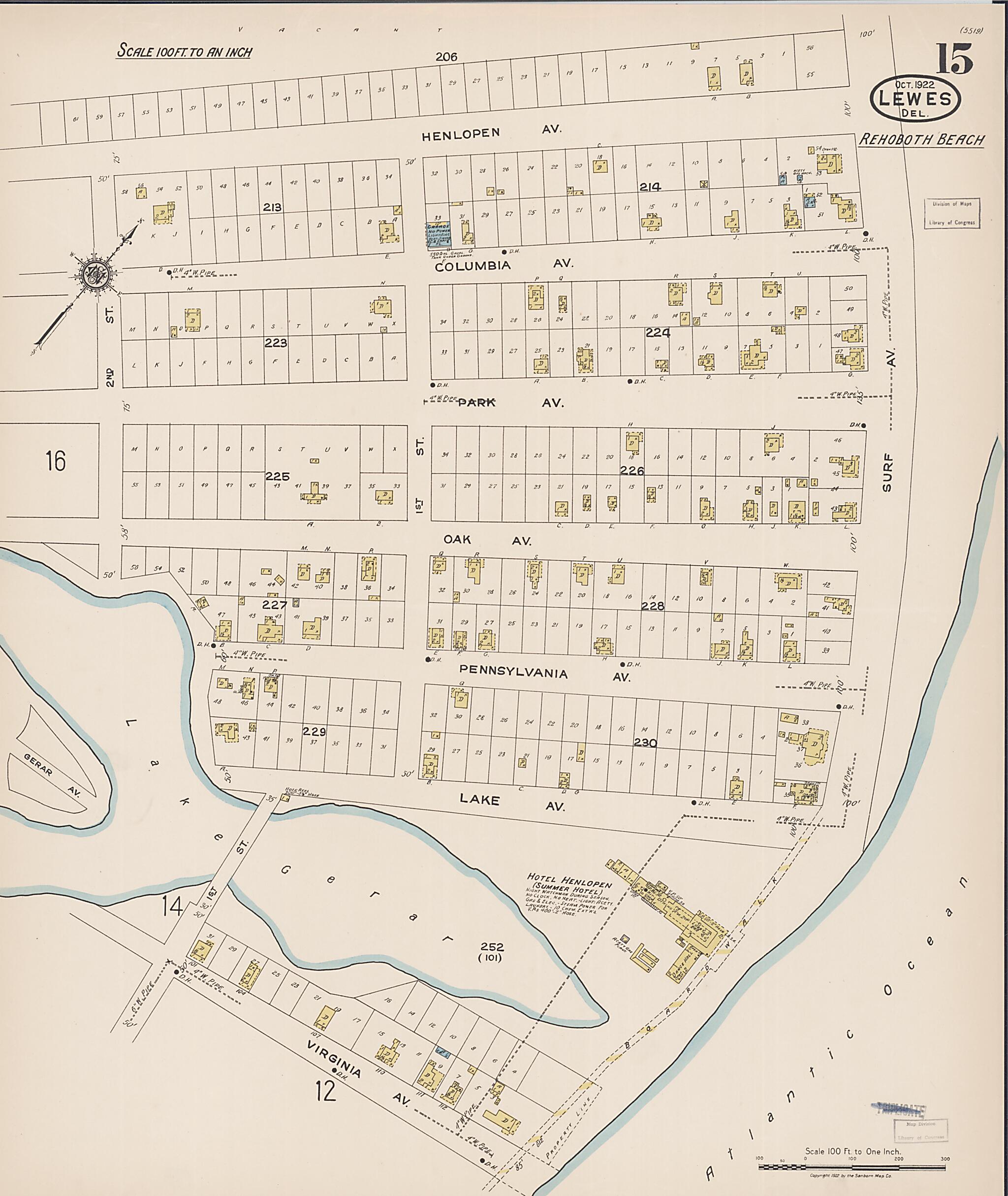 This old map of Rehoboth Beach, Sussex County, Delaware was created by Sanborn Map Company in 1922