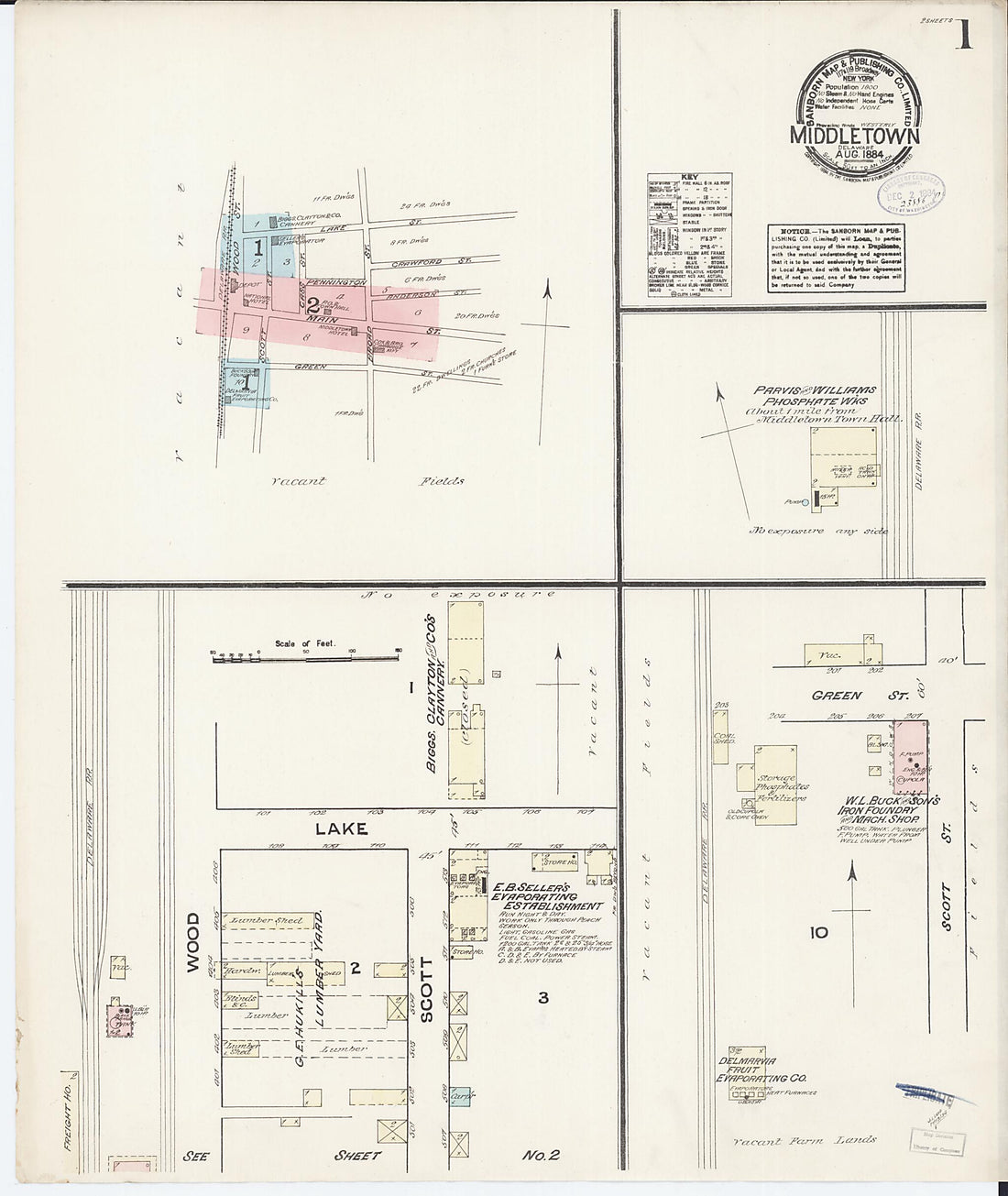 This old map of Middletown, New Castle County, Delaware was created by Sanborn Map Company in 1884