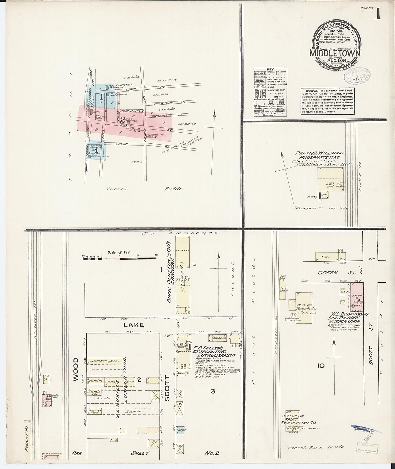 This old map of Middletown, New Castle County, Delaware was created by Sanborn Map Company in 1884