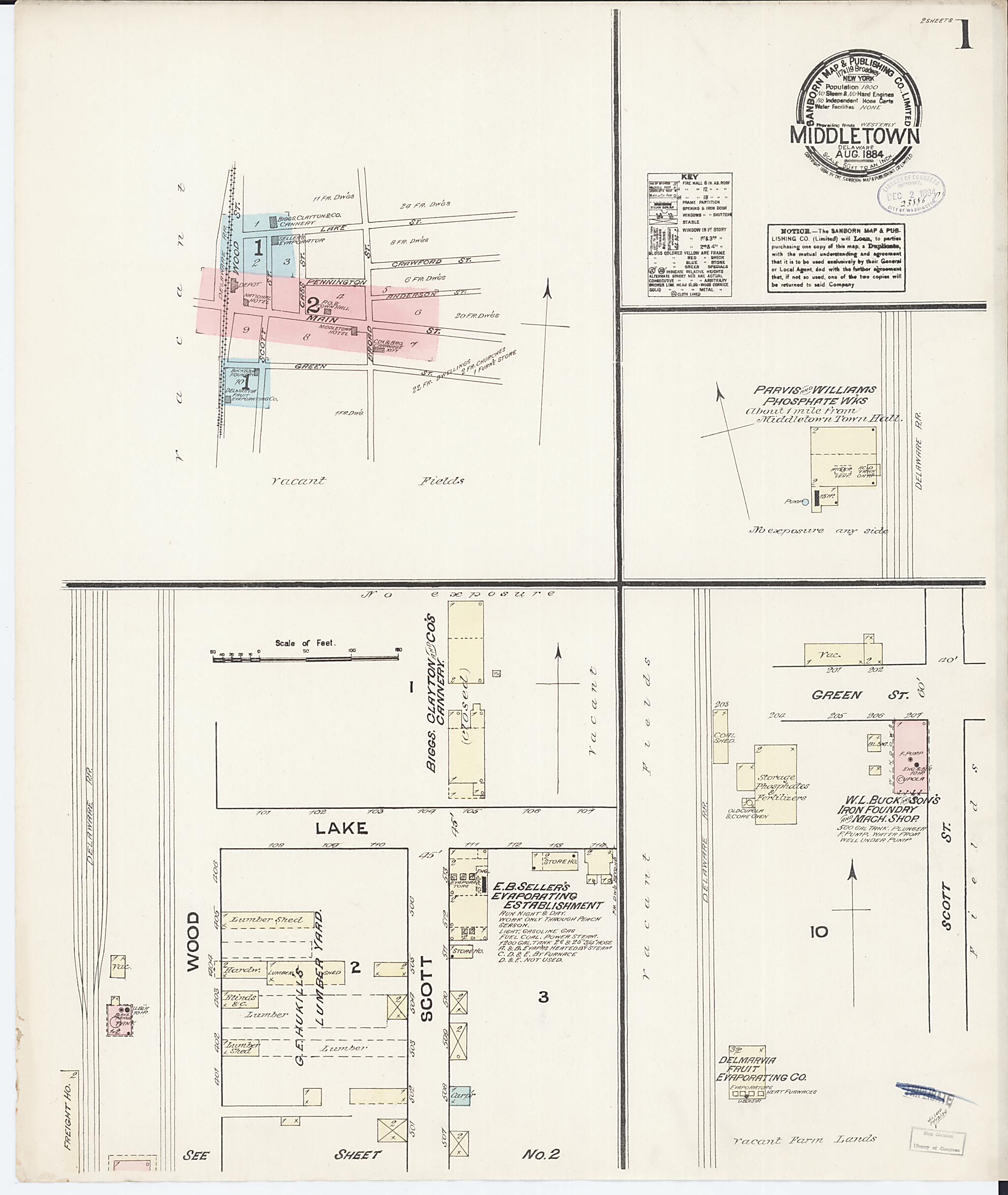 This old map of Middletown, New Castle County, Delaware was created by Sanborn Map Company in 1884