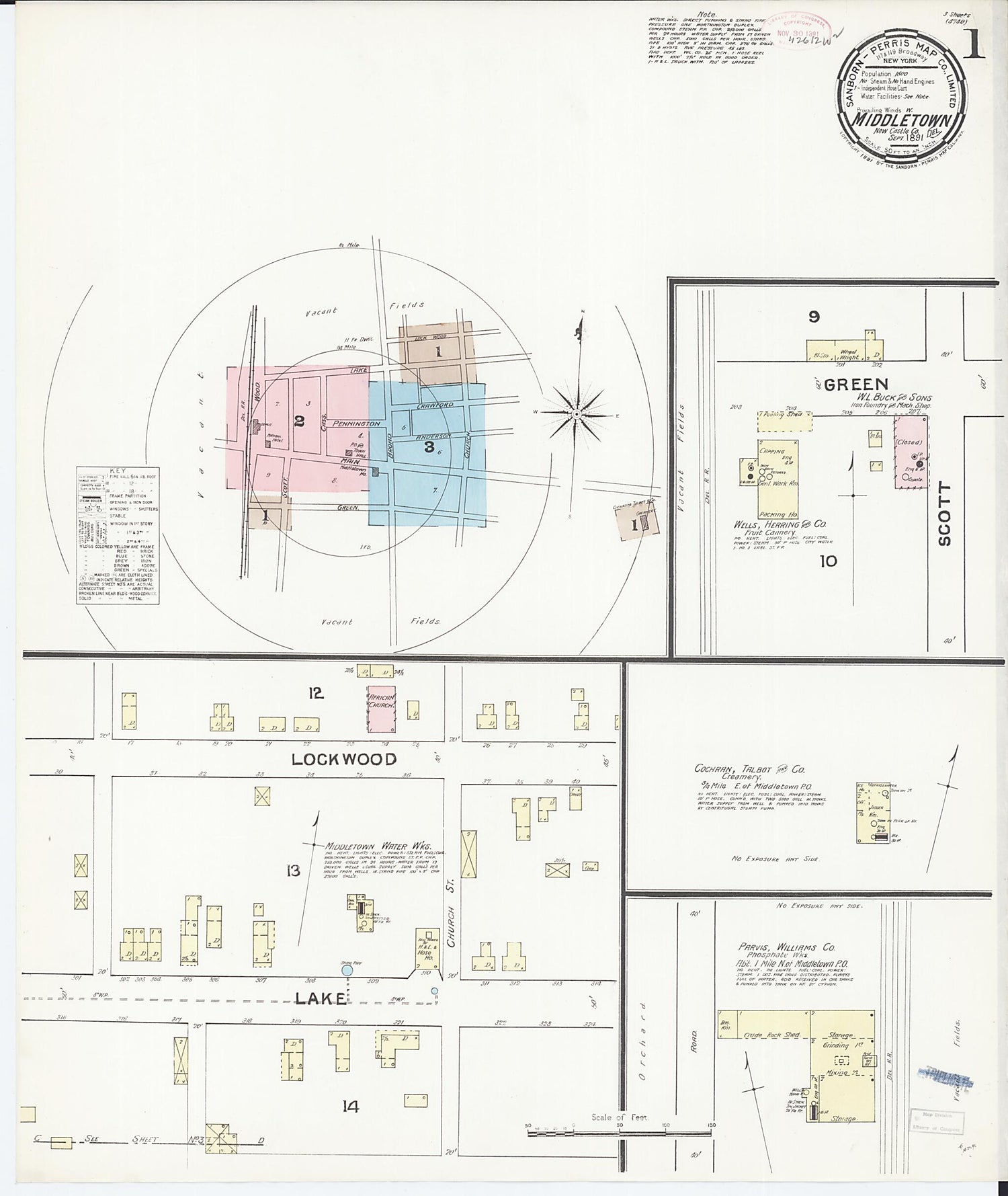 This old map of Middletown, New Castle County, Delaware was created by Sanborn Map Company in 1891