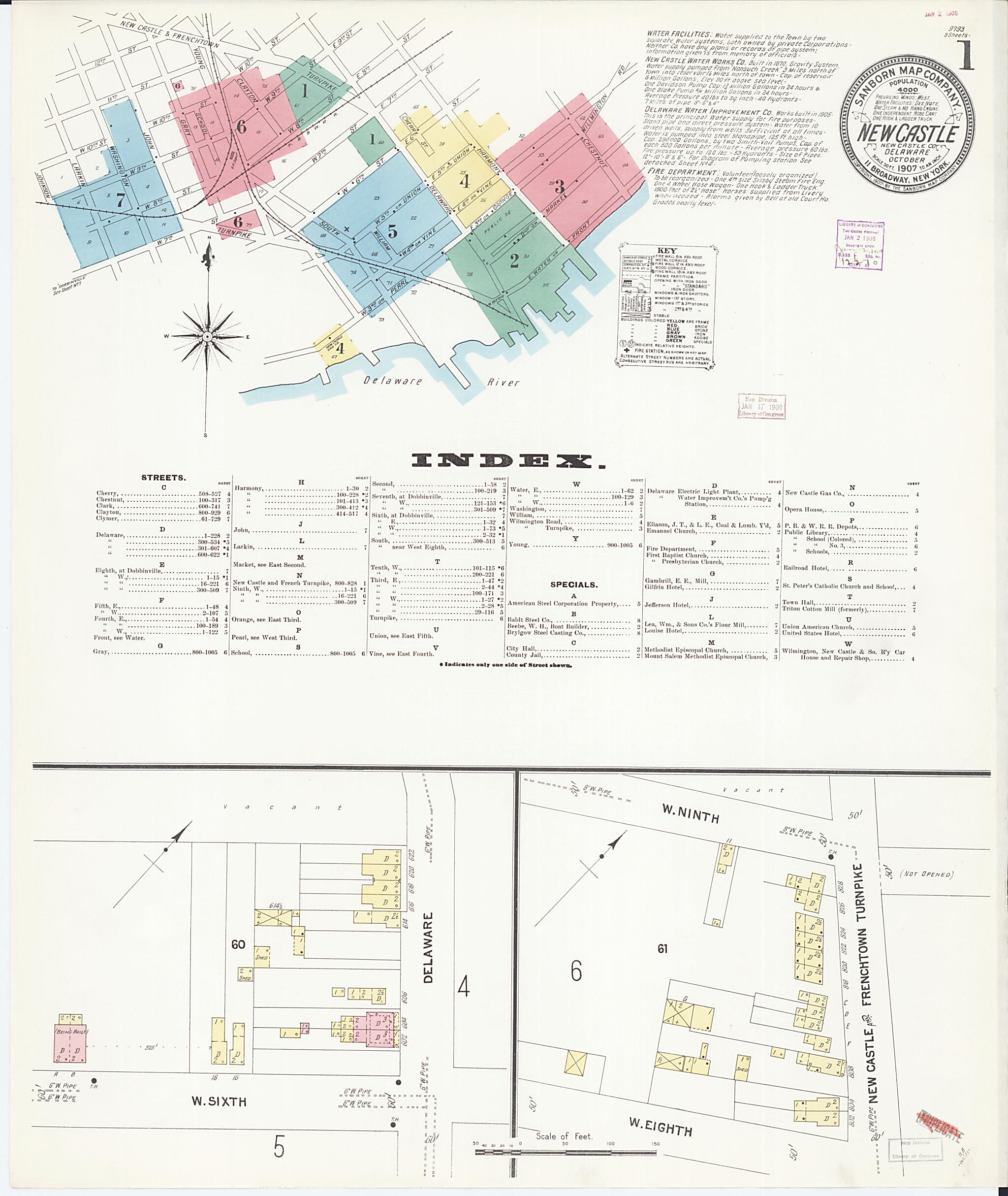 This old map of New Castle, New Castle County, Delaware was created by Sanborn Map Company in 1907