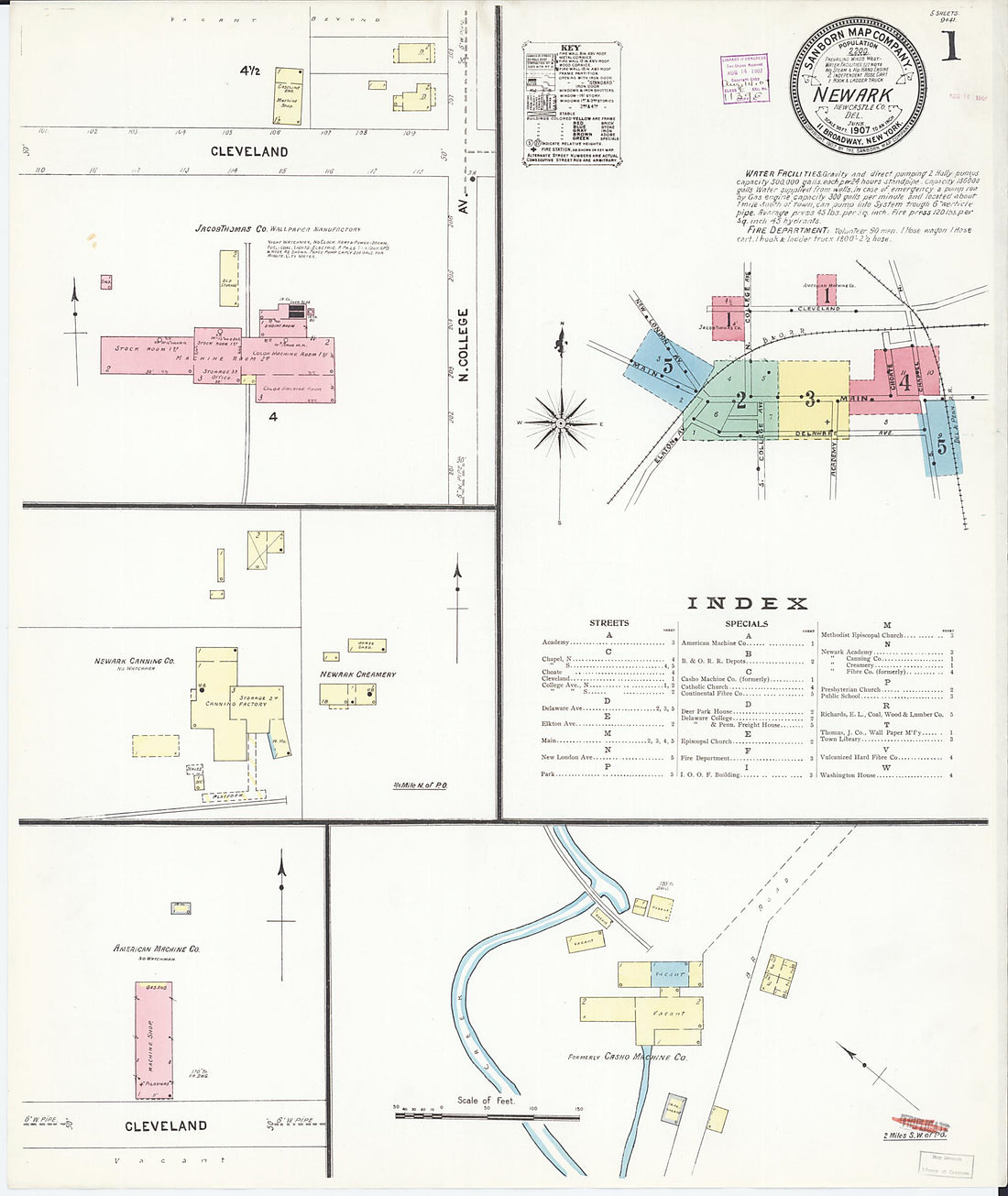 This old map of Newark, Castle County, Delaware was created by Sanborn Map Company in 1907