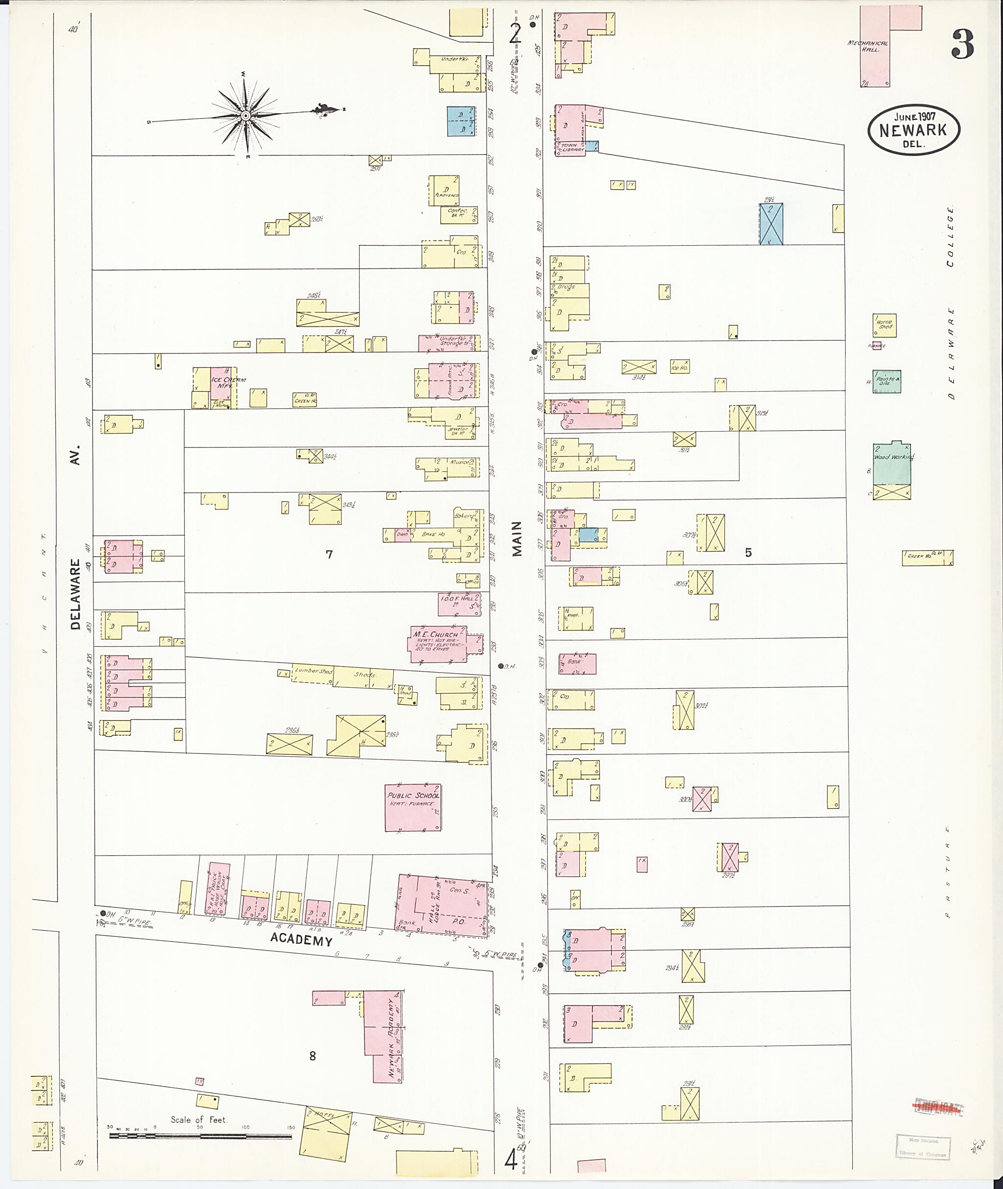 This old map of Newark, Castle County, Delaware was created by Sanborn Map Company in 1907