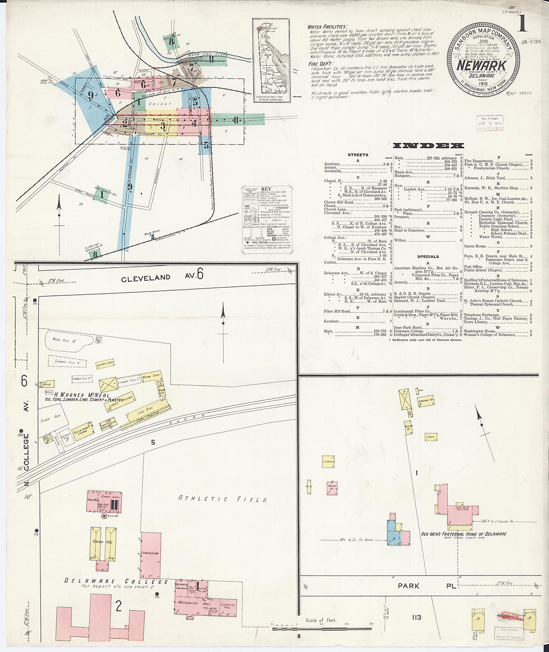 This old map of Newark, Castle County, Delaware was created by Sanborn Map Company in 1915