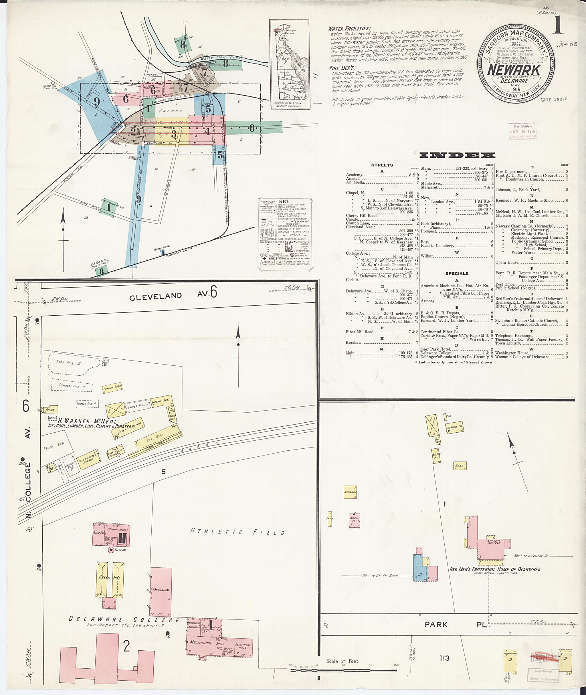 This old map of Newark, Castle County, Delaware was created by Sanborn Map Company in 1915