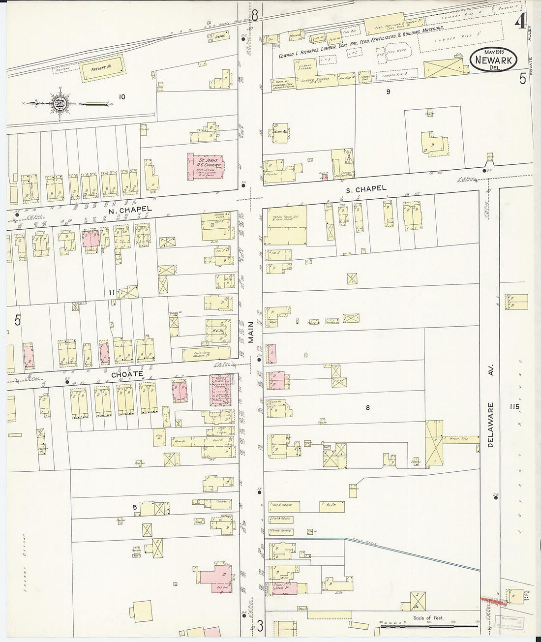 This old map of Newark, Castle County, Delaware was created by Sanborn Map Company in 1915