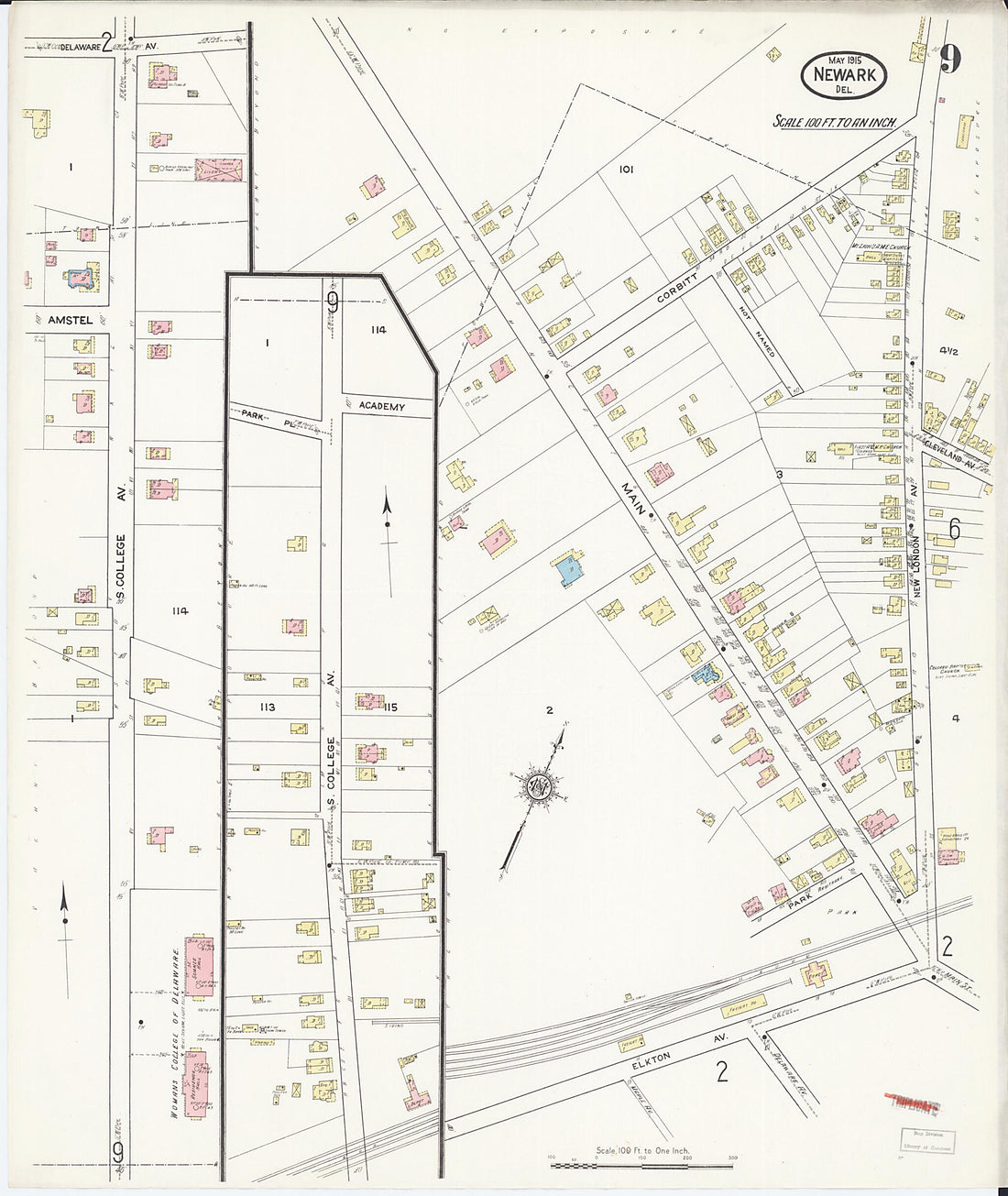 This old map of Newark, Castle County, Delaware was created by Sanborn Map Company in 1915