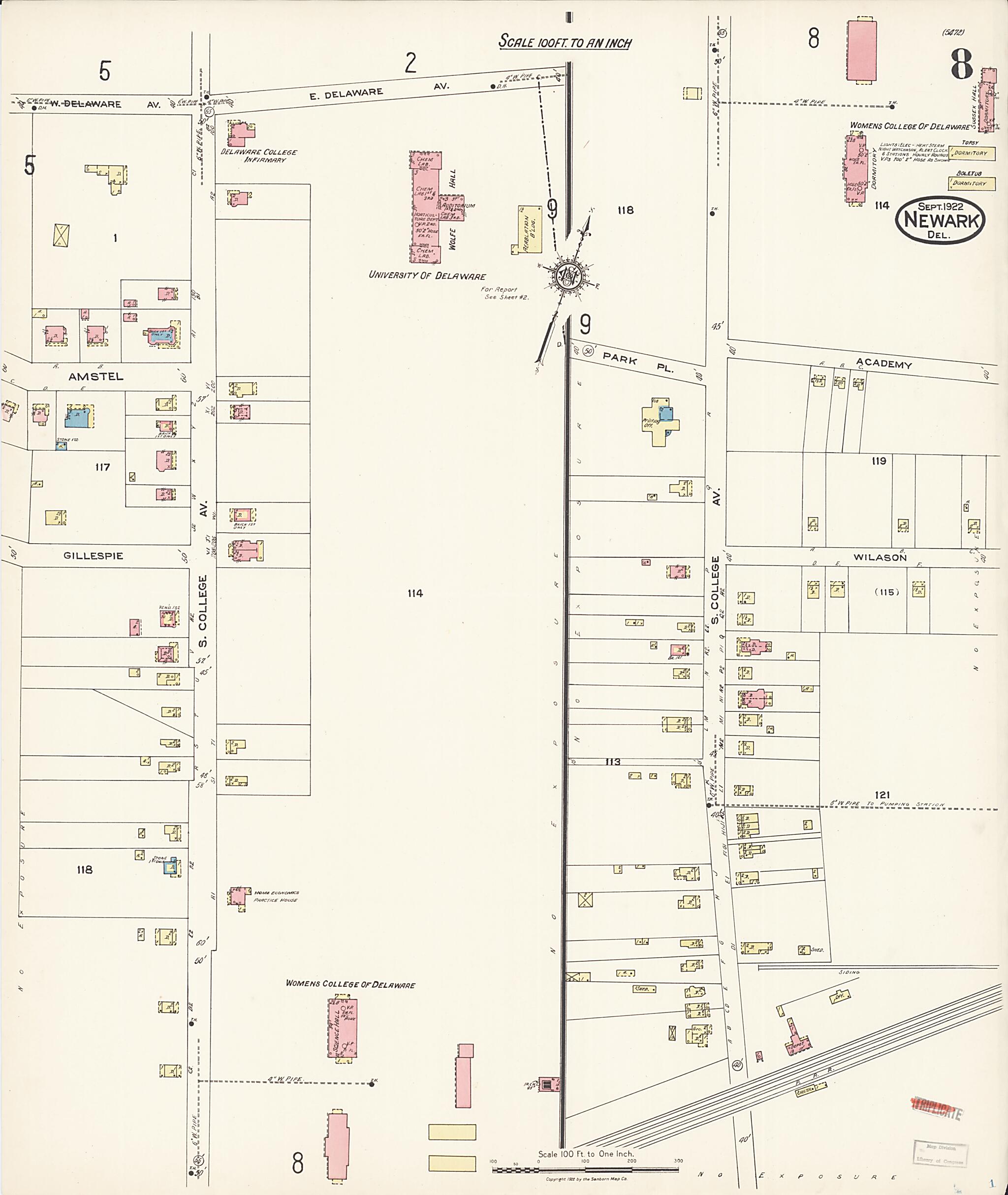 This old map of Newark, Castle County, Delaware was created by Sanborn Map Company in 1922