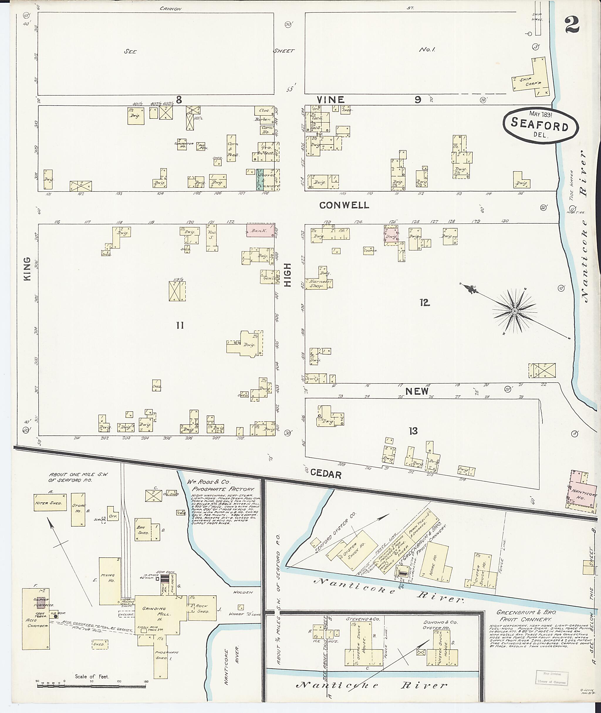 This old map of Seaford, Sussex County, Delaware was created by Sanborn Map Company in 1891