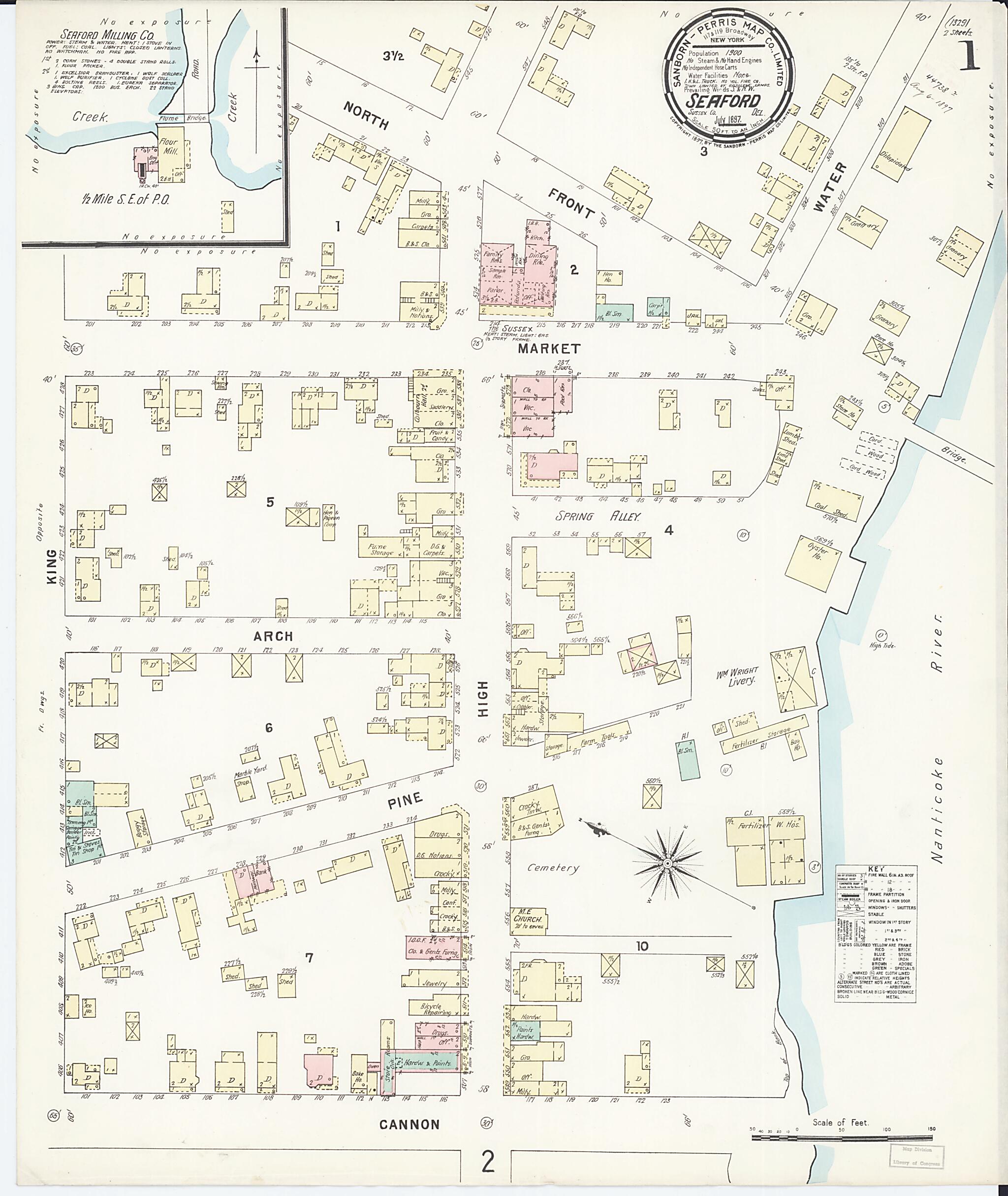 This old map of Seaford, Sussex County, Delaware was created by Sanborn Map Company in 1897