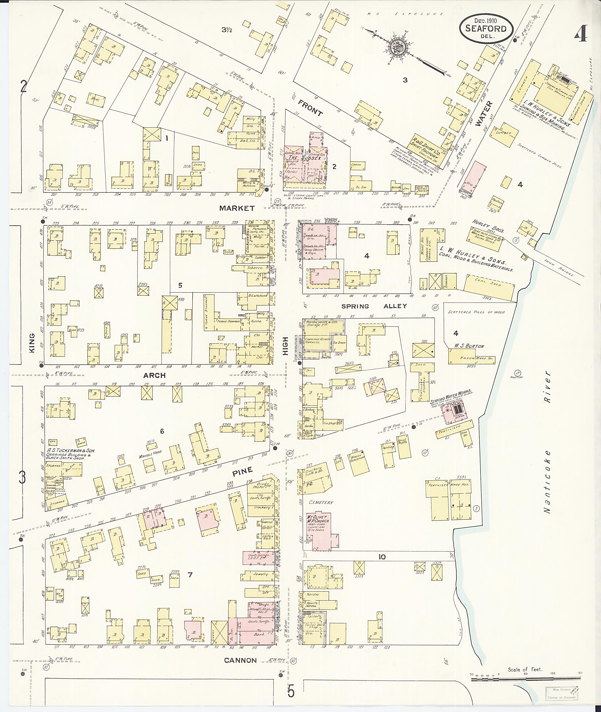 This old map of Seaford, Sussex County, Delaware was created by Sanborn Map Company in 1910