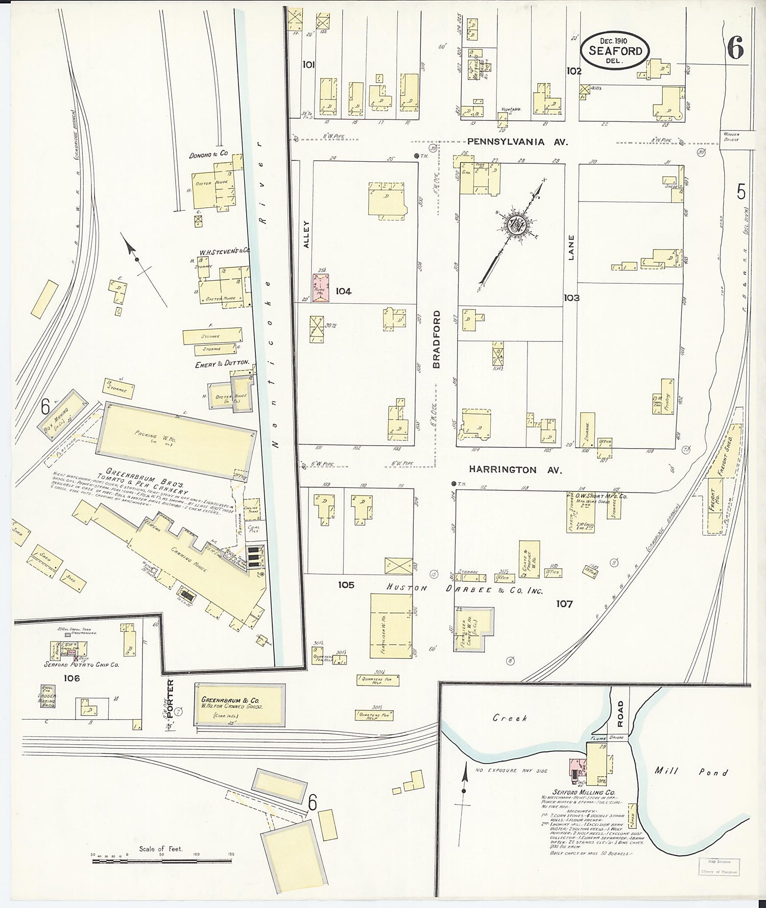 This old map of Seaford, Sussex County, Delaware was created by Sanborn Map Company in 1910