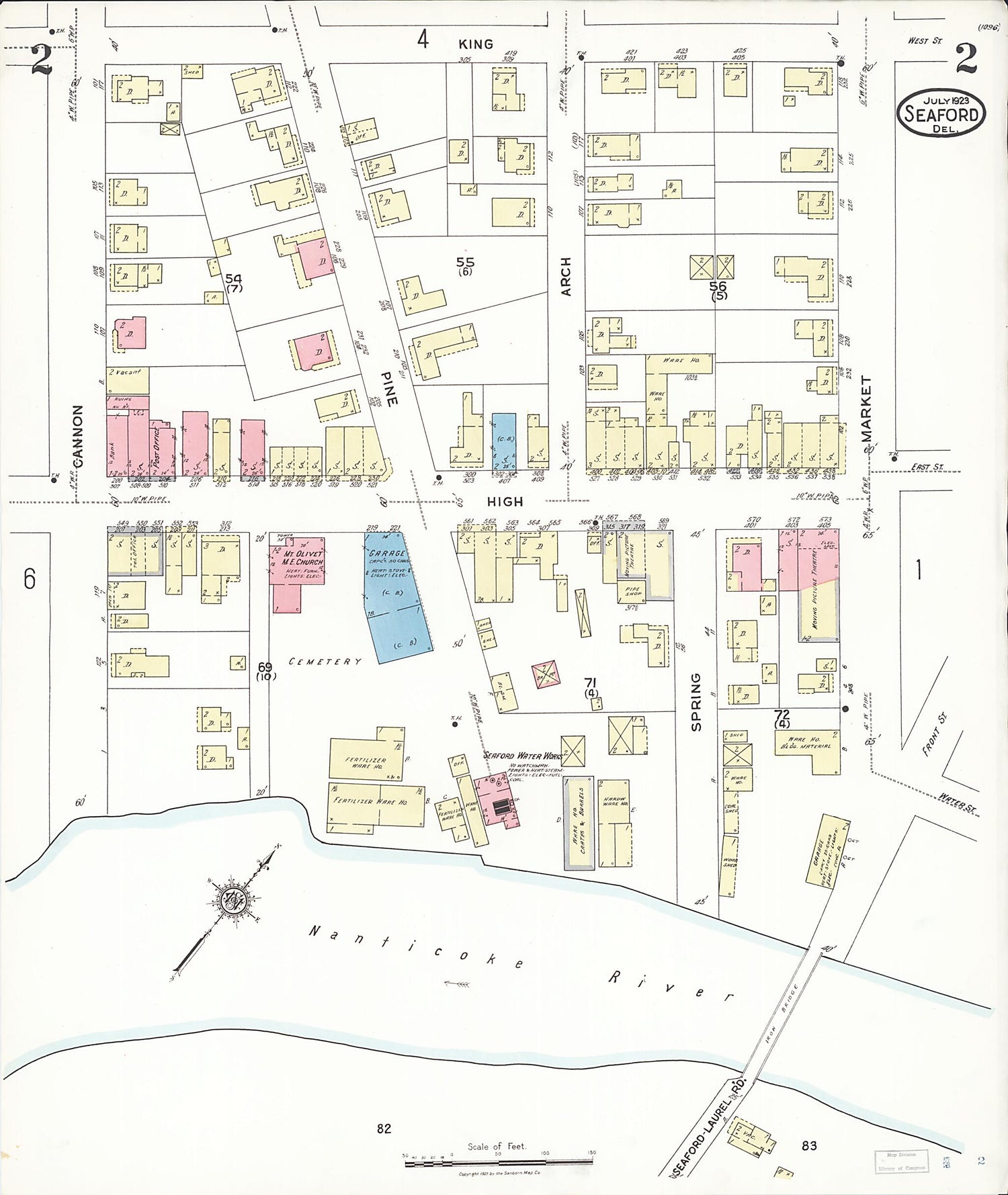 This old map of Seaford, Sussex County, Delaware was created by Sanborn Map Company in 1923