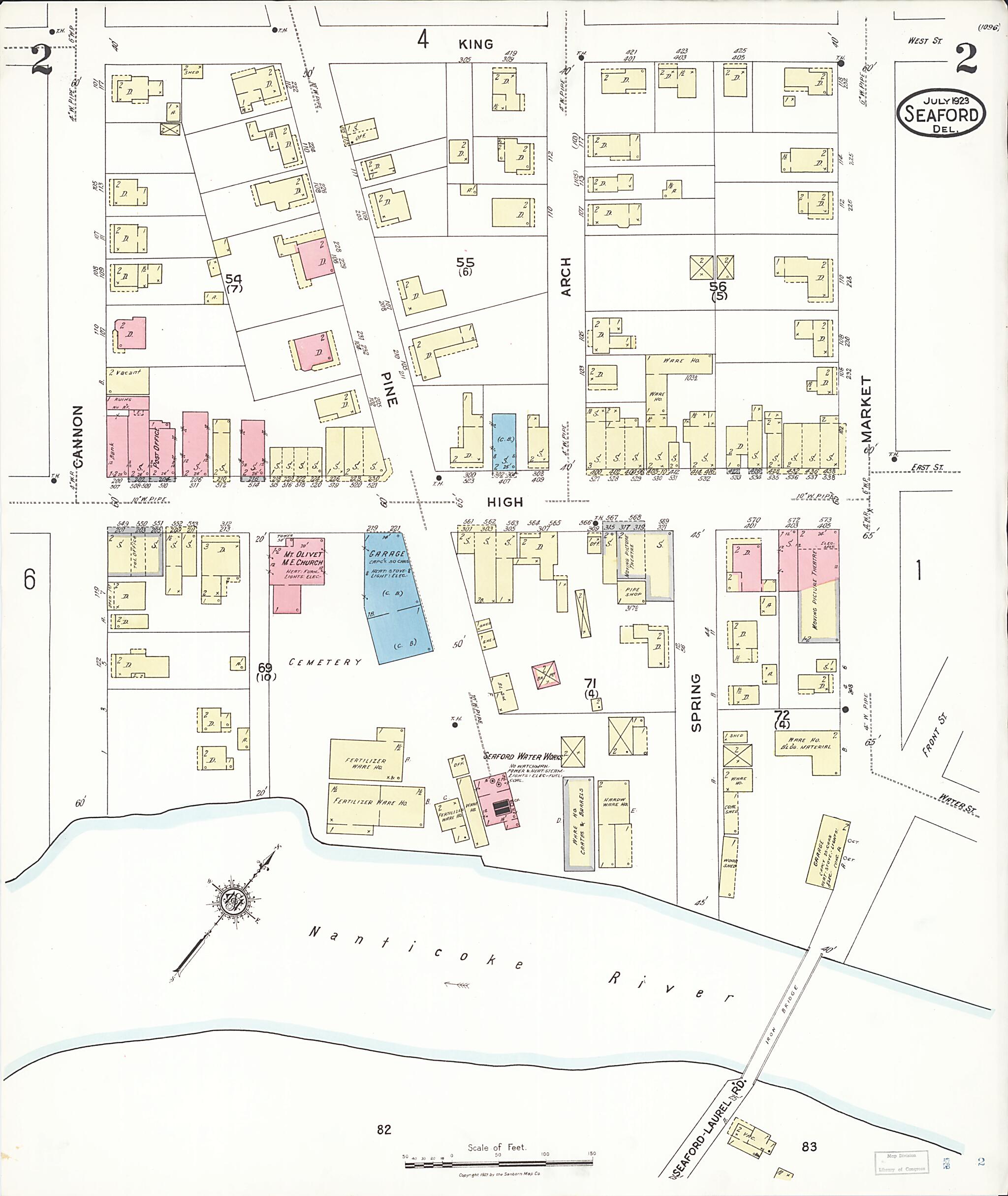 This old map of Seaford, Sussex County, Delaware was created by Sanborn Map Company in 1923