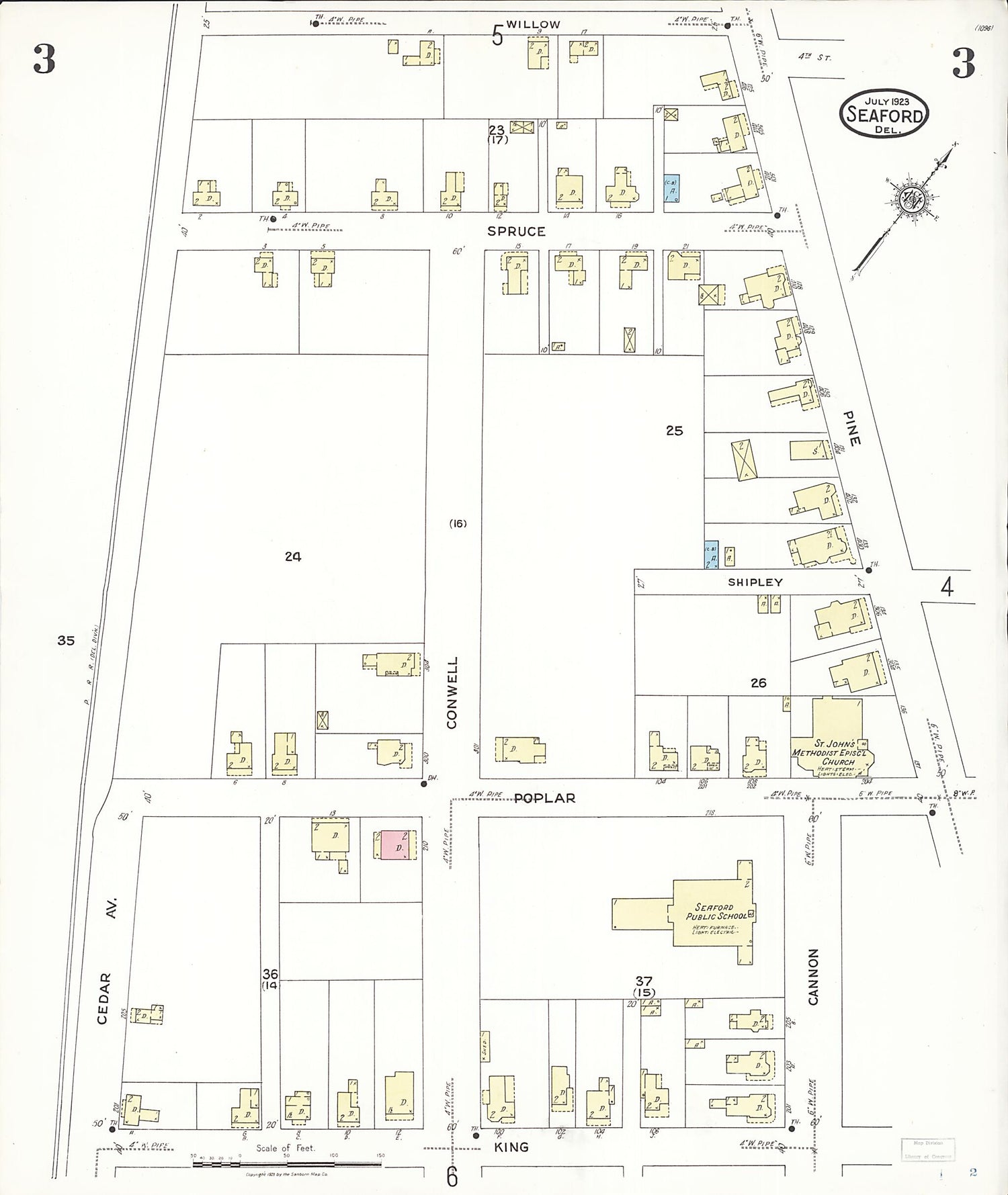 This old map of Seaford, Sussex County, Delaware was created by Sanborn Map Company in 1923