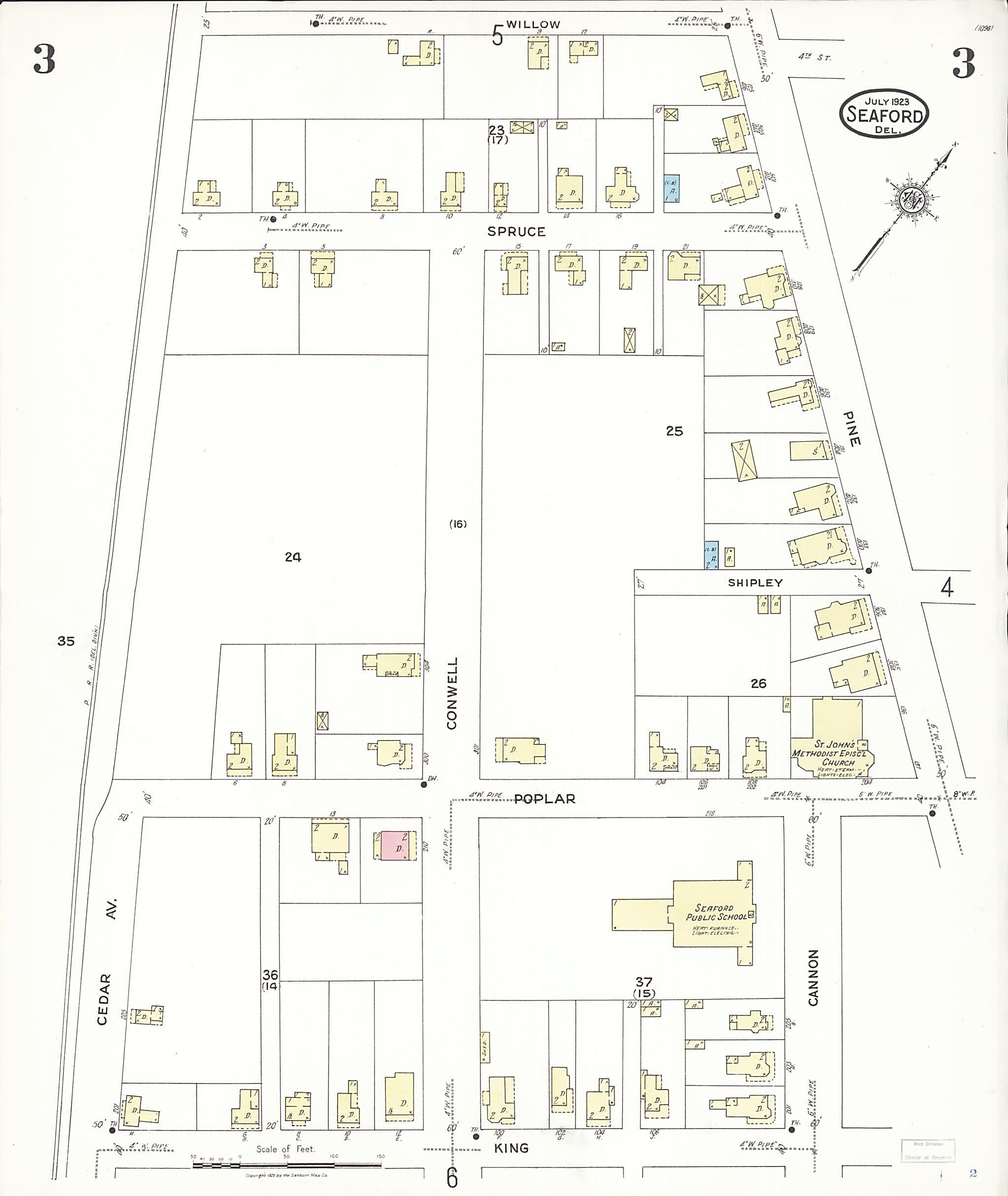 This old map of Seaford, Sussex County, Delaware was created by Sanborn Map Company in 1923